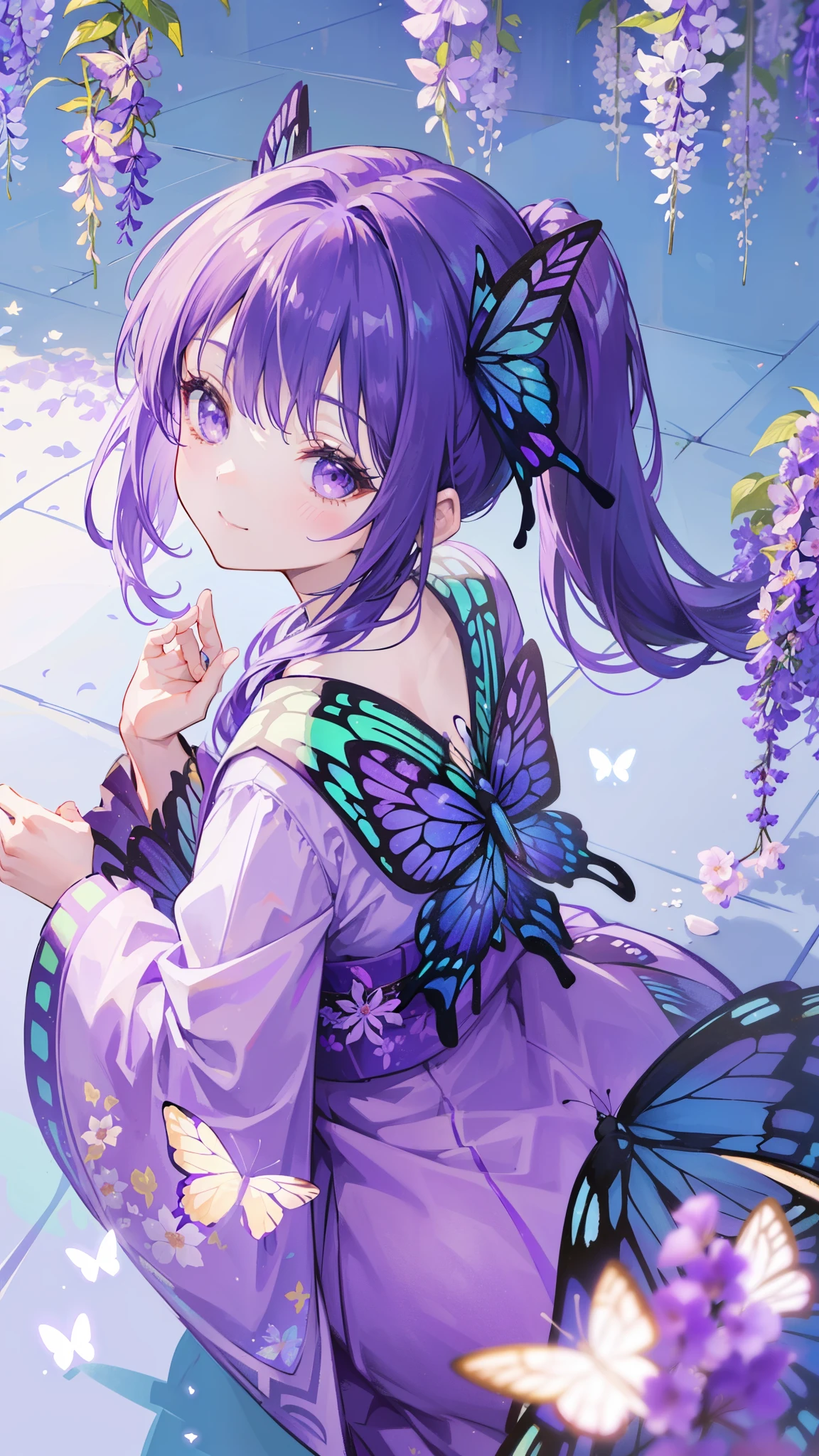 (32k), ((cute girl)), (hight quality), (high-level image quality), (smile), (hight quality wisteria flowers background), (32k background), (wisteria trellis),
(purple short ponytail), (purple eyes), (18 years old), (illustration), (purple light particles), (purple kimono), (purple Japanese clothes), (((from above))), (32k), (beautiful cute girl), (butterfly ornament), (butterfly dress), ((many butterflies)), (((background of many flowers
))), (((bright background))), (beautiful world), (cute world), (smile),
