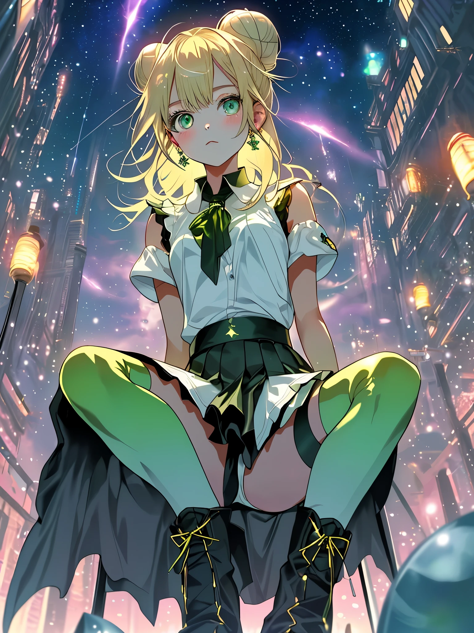 最high quality,table top,1 girl,Usagi Mitsuki, blonde hair, Bright green eyes like jewels, double ponytail,bun hair, Magic , Princess, adventurous girl, fine, Condescending look、nymphomaniac, high heel boots, gloves, zettai ryouiki, earrings, blonde, natural otaku, crown, moonlight,under the moon,At night,full body shot、master piece, high quality, High resolution, alone、(masterpiece:1.6、最high quality), (thin and beautiful eyes:1.2), 1 girl, room、perfect hand、blush、embarrassed face、crossed legs,look up(masterpiece:1.6、最high quality), (thin and beautiful eyes:1.2), 1 girl, Report, underwear、white bra、white panties muscles 、perfect hand,((Looking from directly below))、(((shot from below)))、turn your arms behind your back、sit on a chair、be quiet, From above,（(spread your legs wide open)） Both thighs are thick, shaggy,
