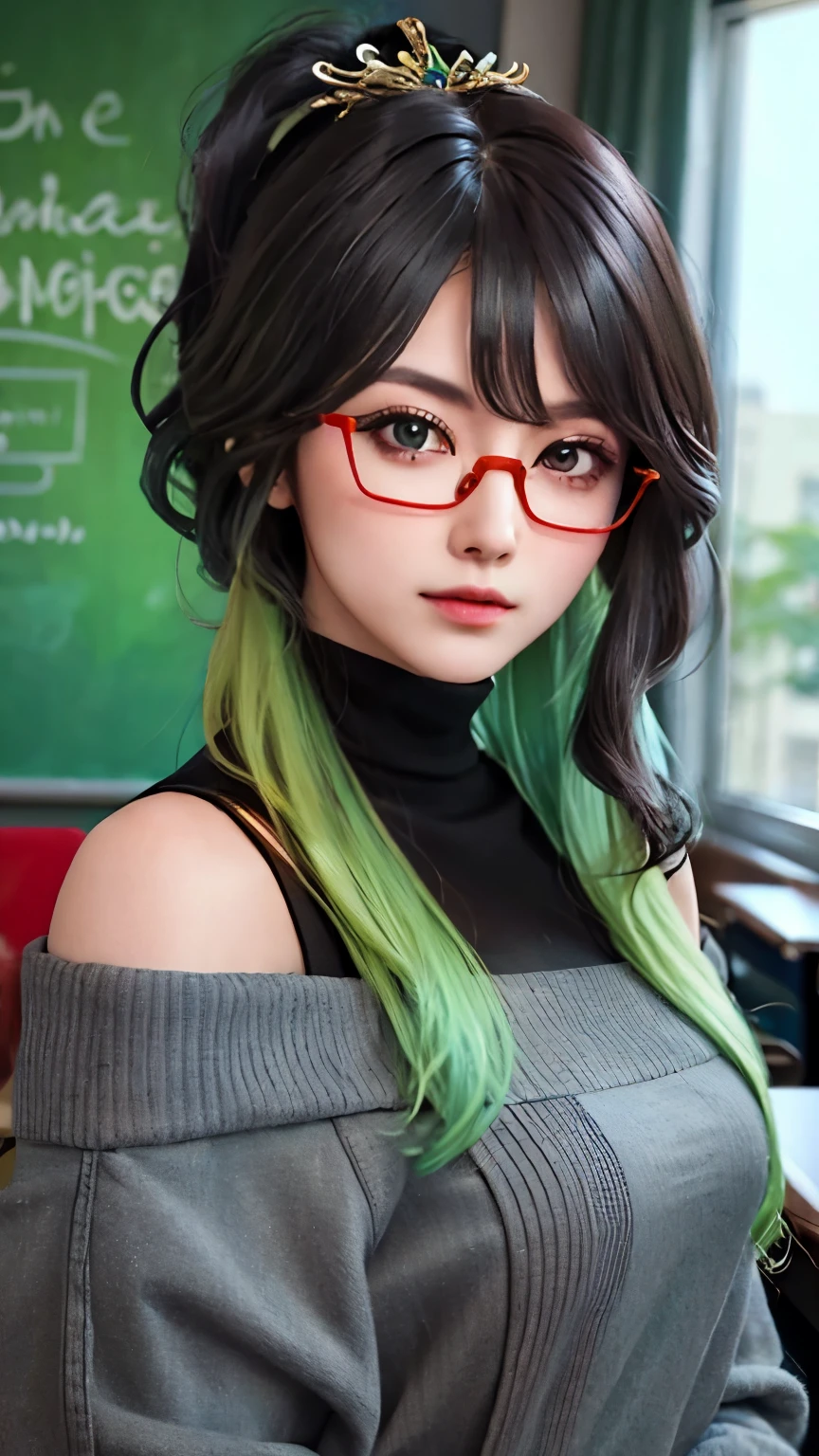 ((1 girl in)), ((best quality)), (Super detailed), (Extremely detailed CG unified 8k wallpaper), Very detailed, HD original color photos, Professional photography, Long ponytail hairstyle，Black hair and green hair, Good-looking hair accessories, Eye color is light green,Wearing red glasses，half rim glasses，amazing face and eyes, (very beautiful girl), School, classroom, Off the shoulders,