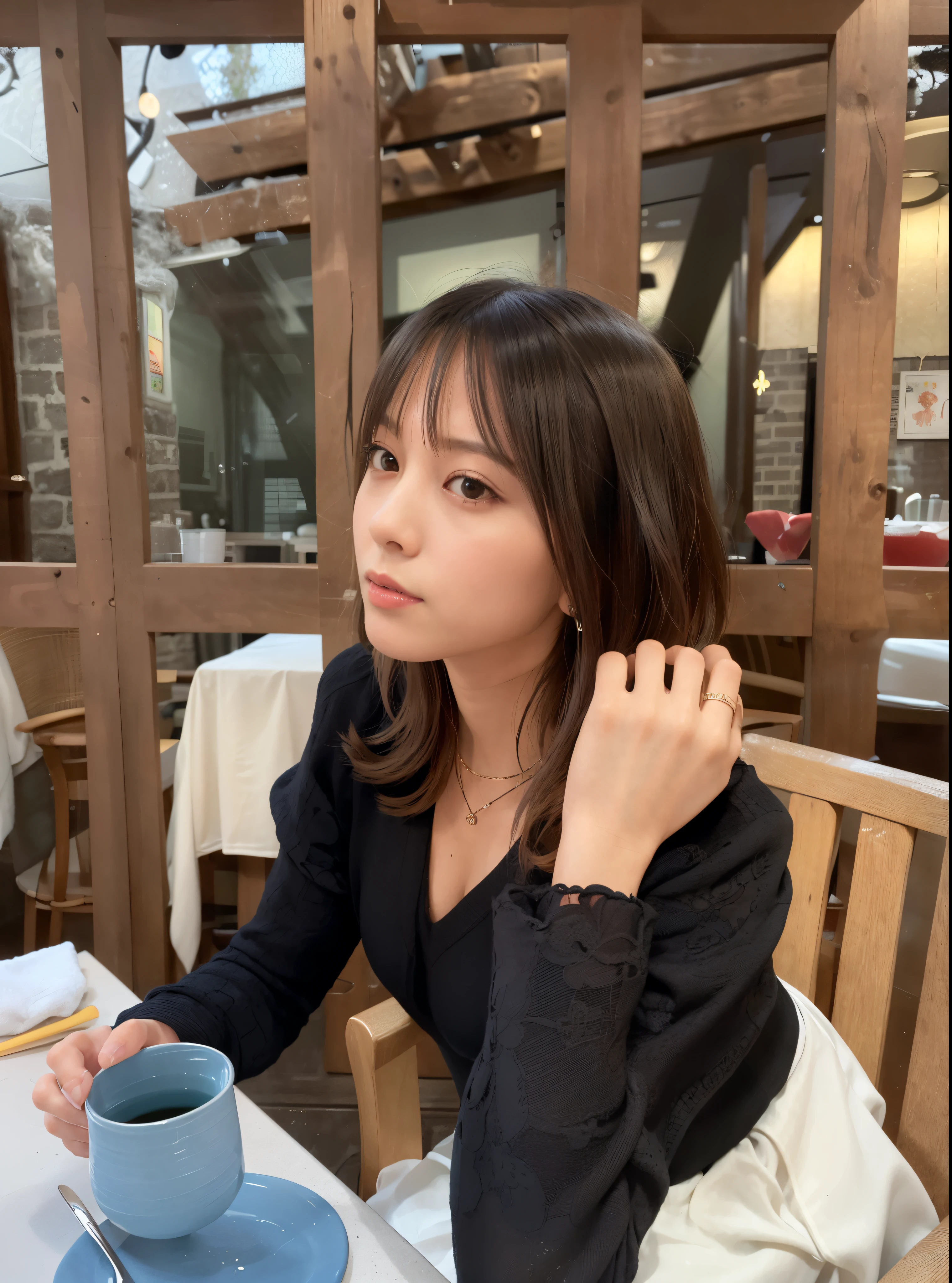 There is a woman sitting at a table drinking tea, with short hair, gorgeous young korean woman, beautiful young korean woman, young adorable korean face, beautiful korean woman, Ulzzang, neat hair with bangs, Choi Hong Hwa, korean girl, 🤤 girl portrait, Nam Jae Young, Lee Ji Eun, Lee Ji Eun