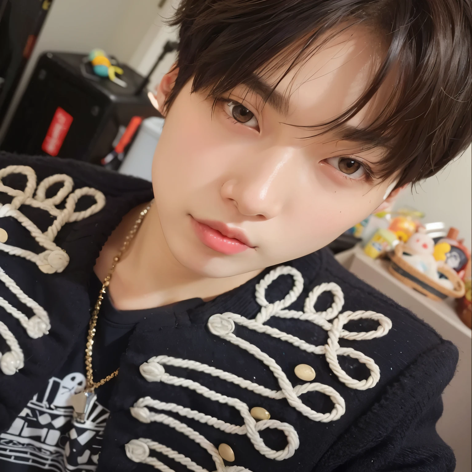 a close-up of a person wearing a necklace and a sweater, kim doyoung, jinyoung shin, jungkook, cai xukun, cuchilla del grupo de drenaje, hyung tae, Jung Jaehyun, kim taejin, pale korean adorable face, pintar ulzzang, hong junio hyung, Inspirado por Bian Shoumin, aesthetic jinyoung pimple, diez lee, sakimichan, sunoo enhypen