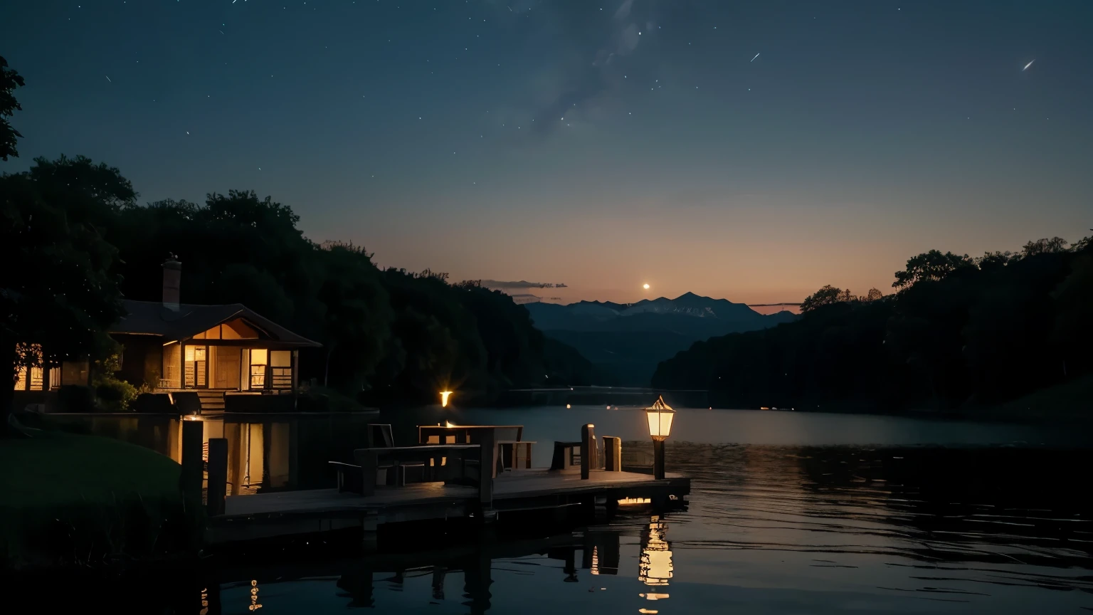 Lake ambience at night. Home. Lamp. Stars