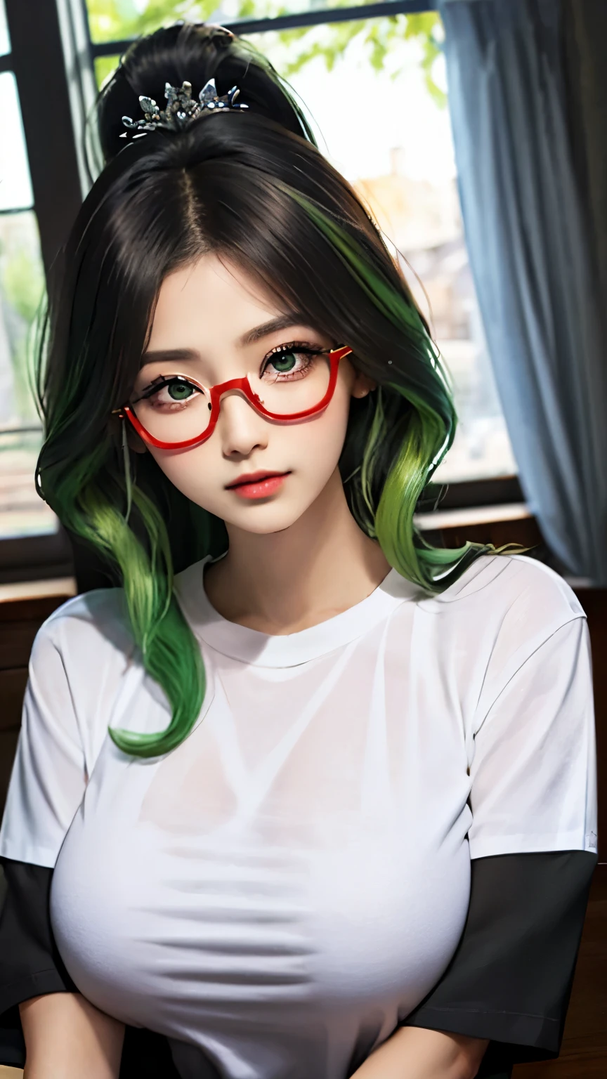 female classmate，single eyelid，************，Height 168 cm，Long ponytail hairstyle，Black hair and green hair, Good-looking hair accessories, Eye color is light green,Wearing red glasses，Fine-rimmed glasses，White skin，White short sleeves，Big breasts，virtuous，Upper body