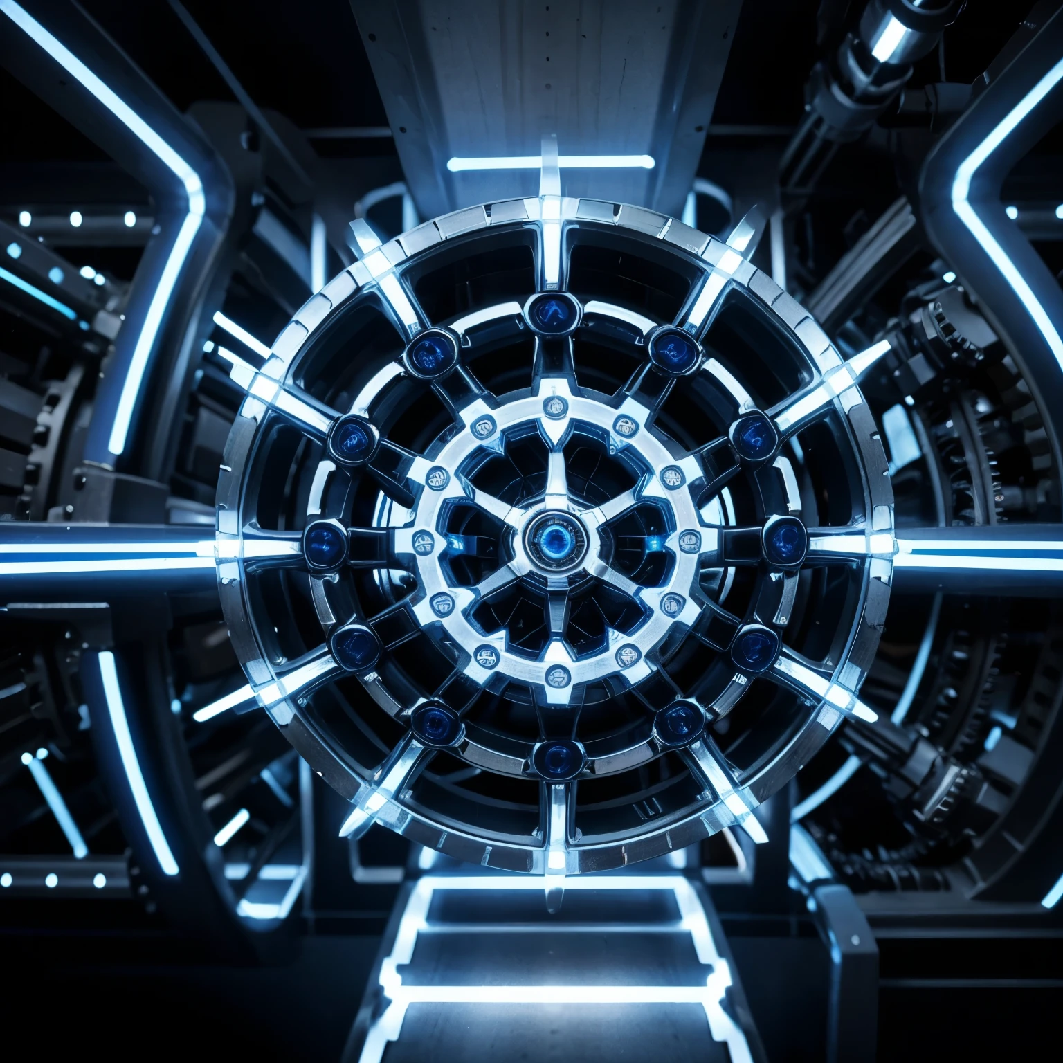 Interconnected mechanical gears, bluish silver, luminous