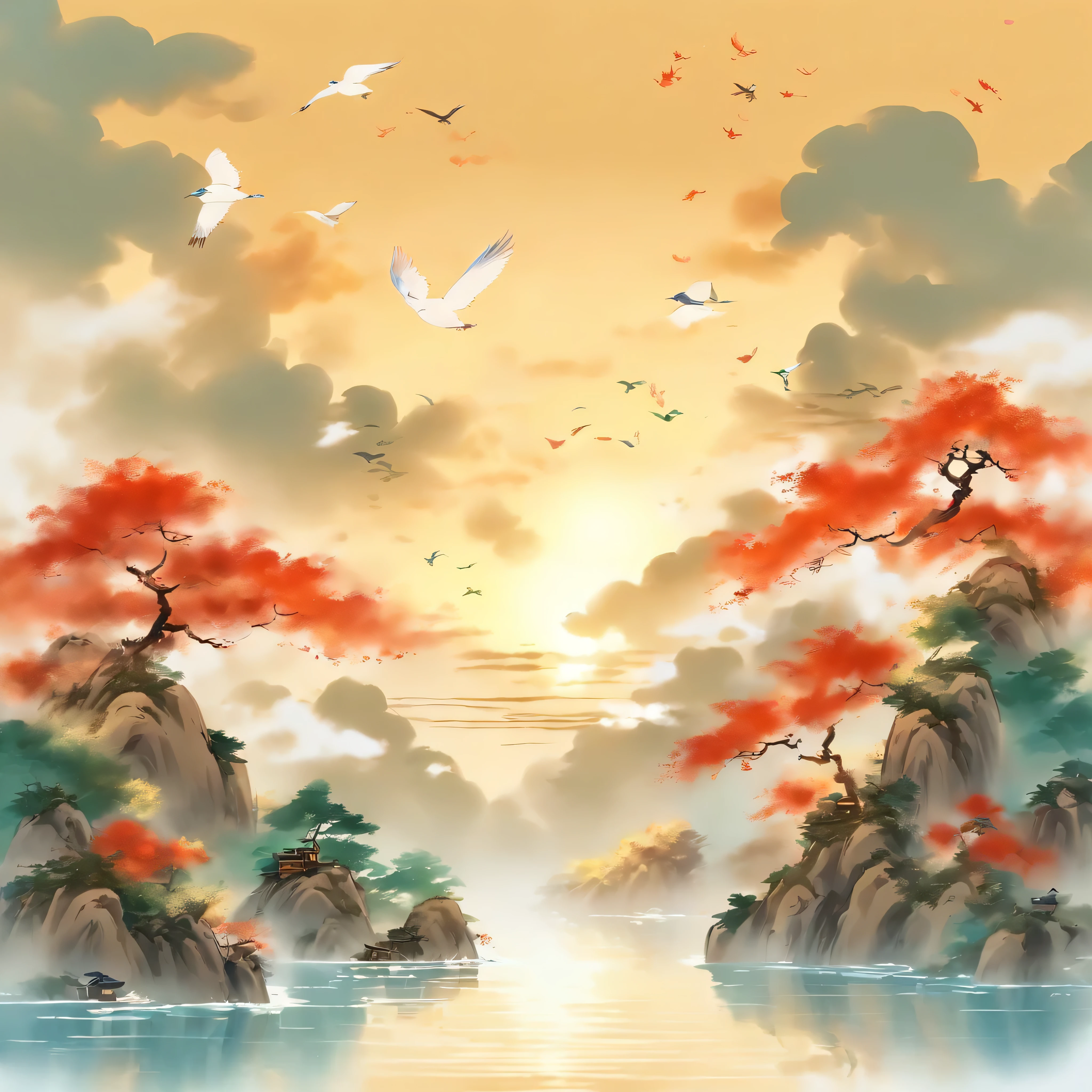 (best quality,4k,8k,highres,masterpiece:1.2), ultra-detailed, (realistic,photorealistic,photo-realistic:1.37), wide high angle view, beautiful detailed sky and lake merging together, traditional Chinese ink painting, magnificent brushstrokes, stunning water reflections, Mainly light blue and green color palette, qi baishi style, peaceful and serene atmosphere, gentle ripples on the water surface, birds gracefully soaring in the sky, fluffy white clouds floating above, golden sunlight illuminating the scene, meticulous attention to detail in every element of the composition, harmonious balance between the sky and the water, a captivating sense of tranquility and unity between nature and art, a mesmerizing poster capturing the essence of traditional Chinese landscape painting