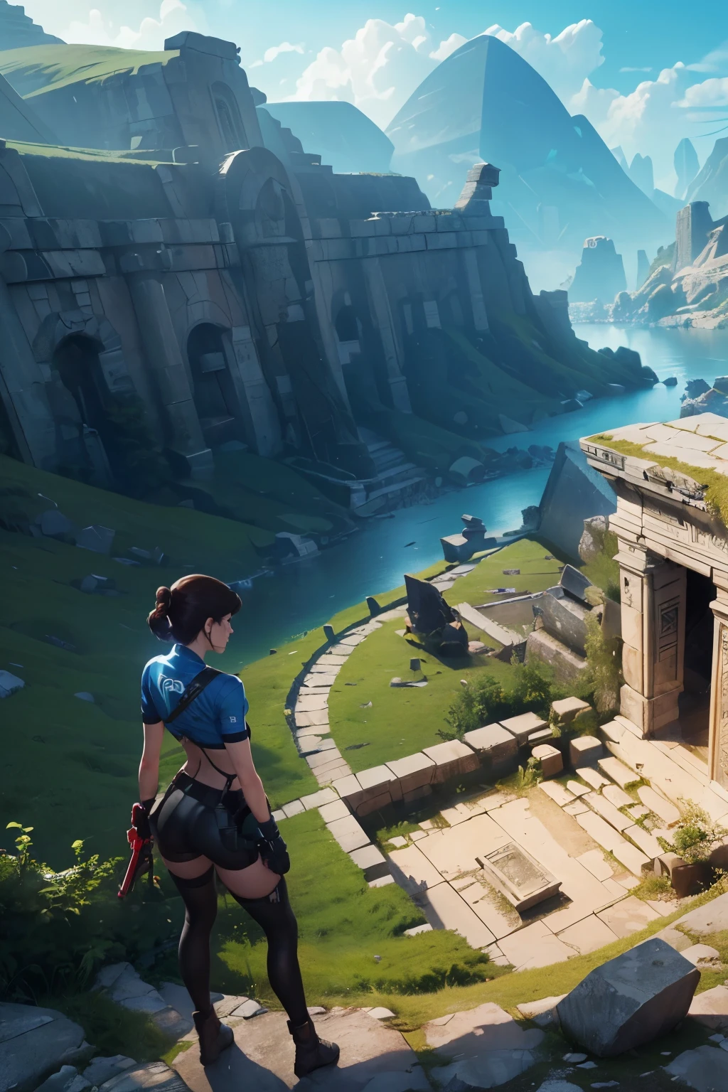 (((Ultra wide angle landscape of the ancient tomb))), a beautiful female adventurer stood in the distance, ((wearing a jill valentine outfit))