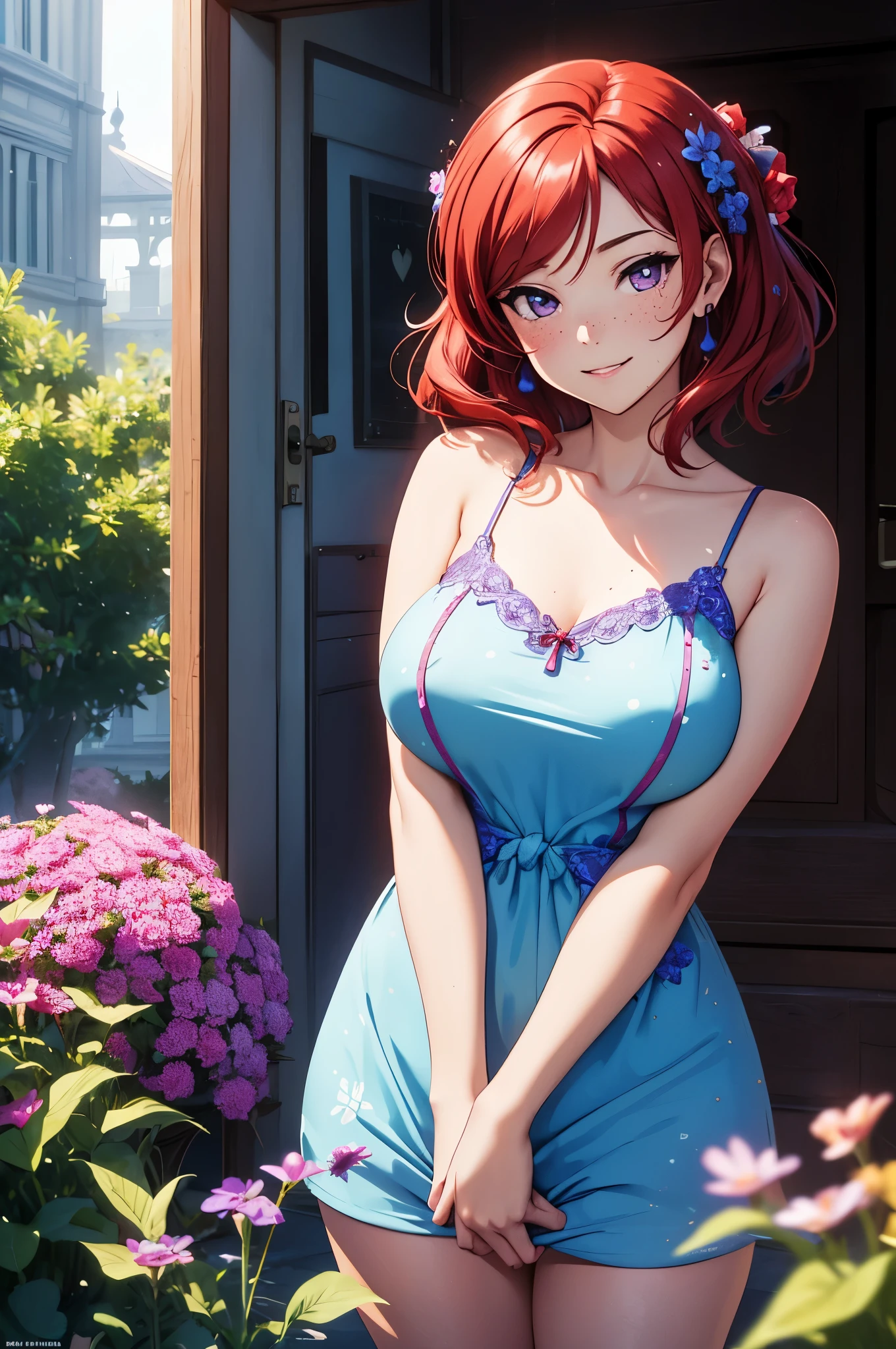 (Masterpiece, Best Quality, High Quality),Nishikino maki, Red hair, purple eyes, (freckle:1.2),moist skin,volumetric lighting, illustration, beautiful, a bow,upper body, (Light blue camisole:1.1), floral print, looking to the side,big breasts ,confident, seductive smile, (arms behind back, head tilt:1.1), heart pendant, perfect lighting, perfect shadows, flower, (breathtaking scenery:1.1), tree, blushing