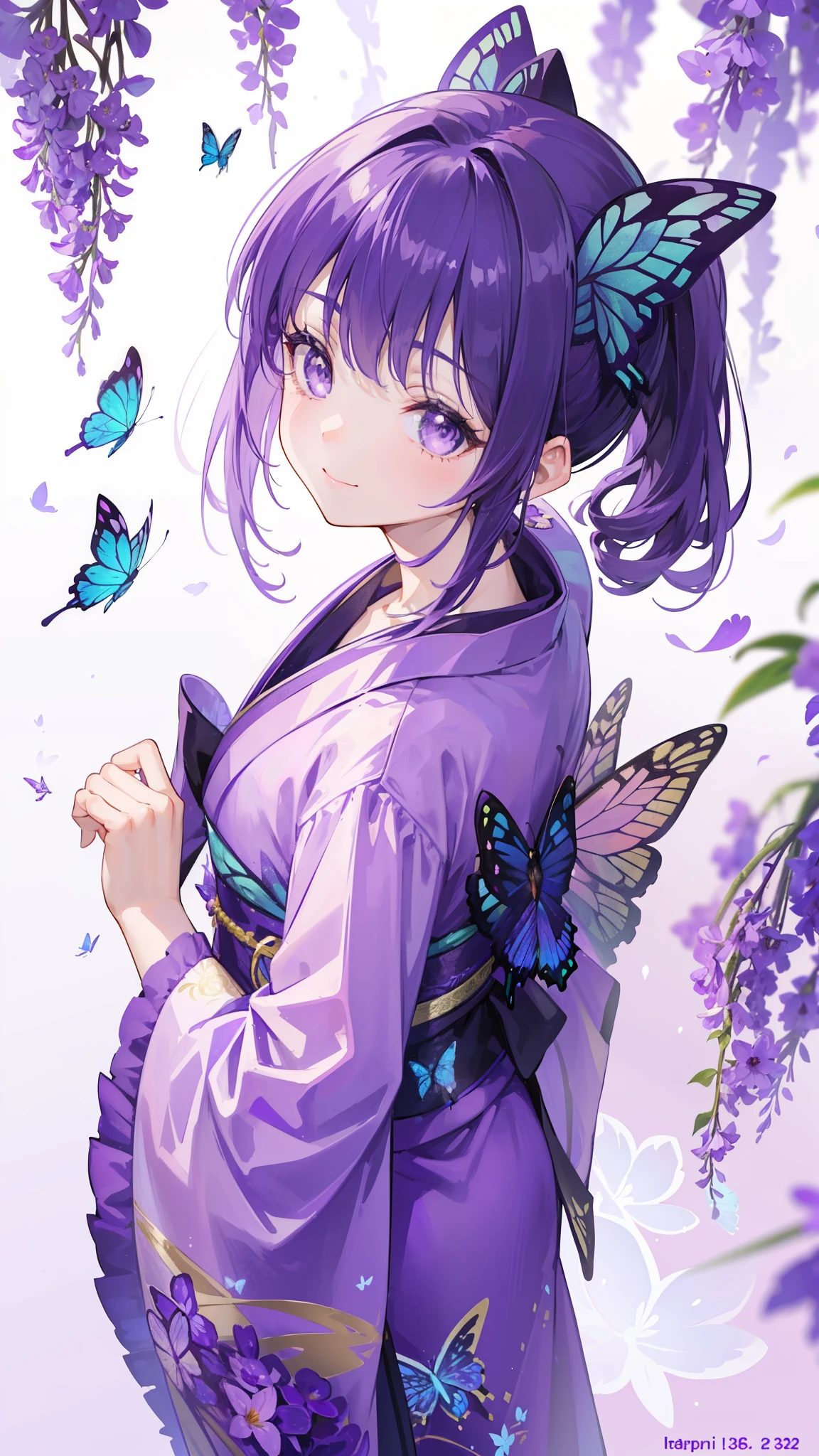 (32k), ((cute girl)), (hight quality), (high-level image quality), (smile), (hight quality wisteria flowers background), (32k background), (wisteria trellis),
(purple short ponytail), (purple eyes), (18 years old), (illustration), (purple light particles), (purple kimono), (purple Japanese clothes), (((from above))), (32k), (beautiful cute girl), (butterfly ornament), (butterfly dress), ((many butterflies)), (((background of many flowers
))), (((bright background))), (beautiful world), (cute world), (smile),
