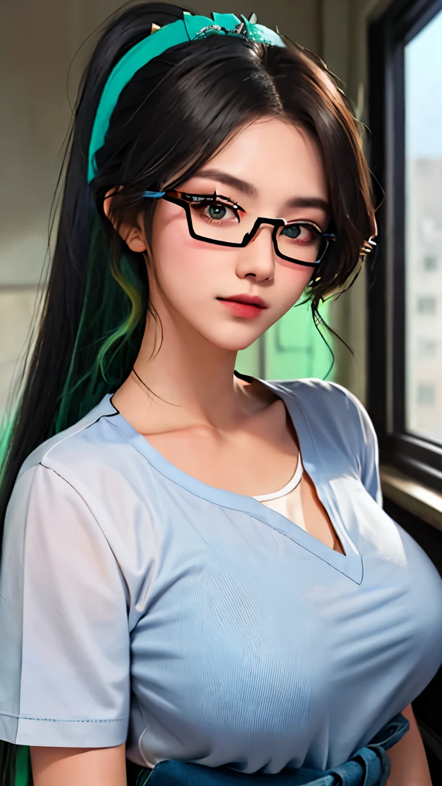 female classmate，single eyelid，************，Height 168 cm，Long ponytail hairstyle，Black hair and green hair, Good-looking hair accessories, Eye color is light green,Wearing red glasses，Fine-rimmed glasses，White skin，White short sleeves，Big breasts，virtuous，amazing face and eyes，Upper body