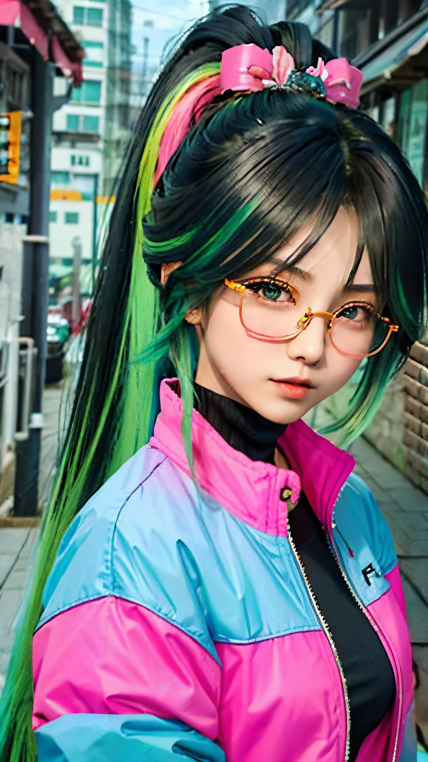 Close-up of a woman wearing a pink and gray jacket, inspired by anime, 美麗的anime style, 美丽的anime girl, anime style mixed with Fujifilm, anime girl in real life, colorful braids, cute colorful cute, A beautiful anime portrait, anime style4 K, anime style, anime girl, style anime, 漂亮的anime girl, anime atmosphere, anime style, with beautiful colors，Long ponytail hairstyle，Black hair and green hair, Good-looking hair accessories, Eye color is light green,Wearing red glasses，Fine-rimmed glasses，