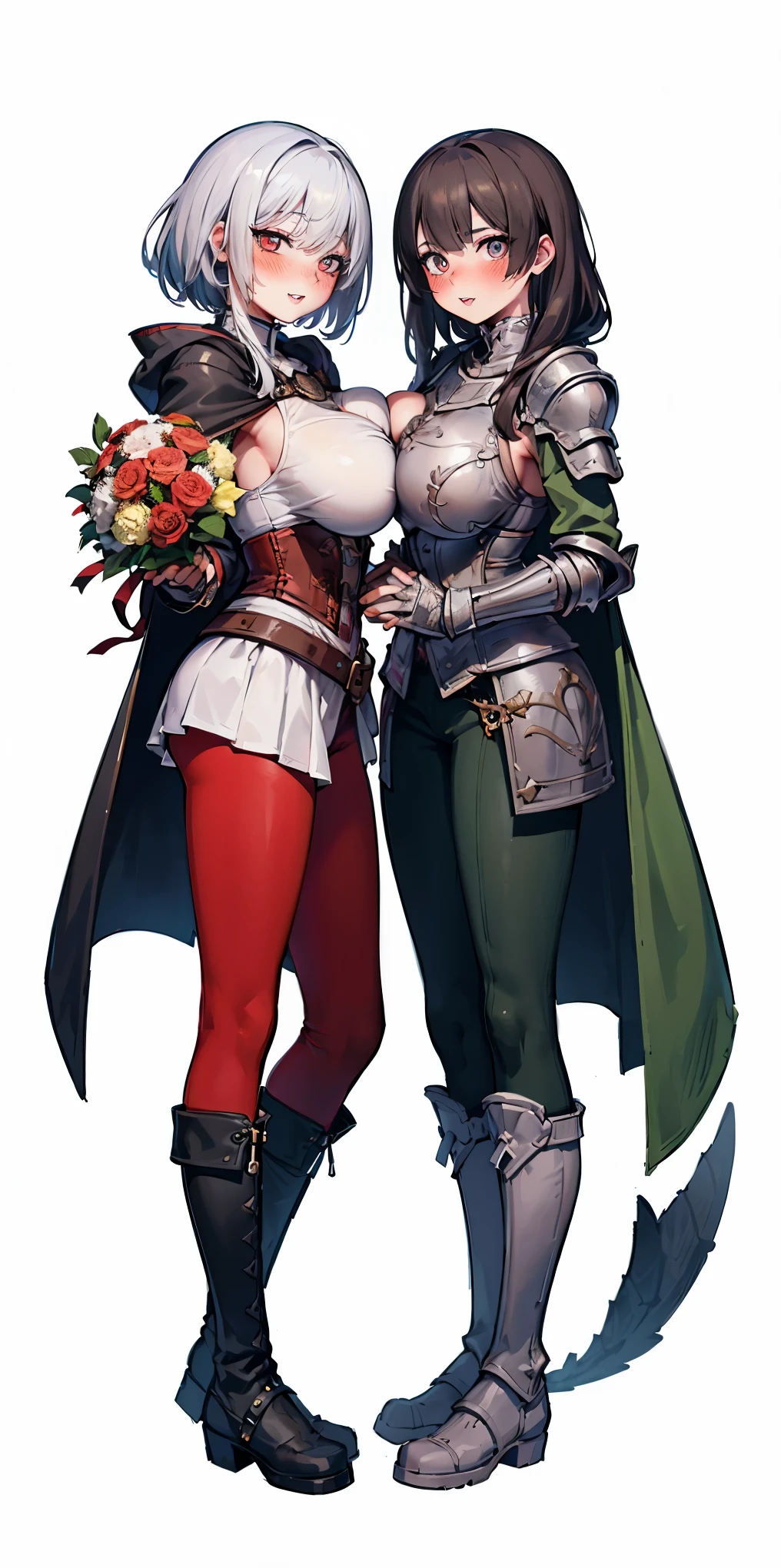 female full body wearing medieval armor, red corset, silver breastplate, blue and black cloak, green pants, striped pantyhose, sharpteeth, full body standing symmetrical lustful smirking smile face (red blush), holding a bouquet of flowers with both hands, full body toe to head, feet together, high boots, big breast, white background
