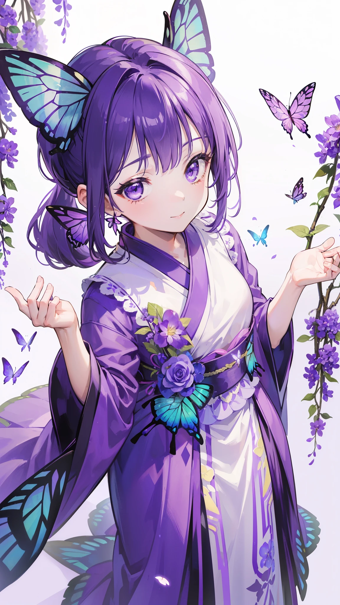 (32k), ((cute girl)), (hight quality), (high-level image quality), (smile), (hight quality wisteria flowers background), (32k background), (wisteria trellis), 
(purple short ponytail), (purple eyes), (18 years old), (illustration), (purple light particles), (purple kimono), (purple Japanese clothes), (((from above))), (32k), (beautiful cute girl), (butterfly ornament), (butterfly dress), ((many butterflies)), (((background of many flowers
))), (((bright background))), (beautiful world), (cute world), (smile), 