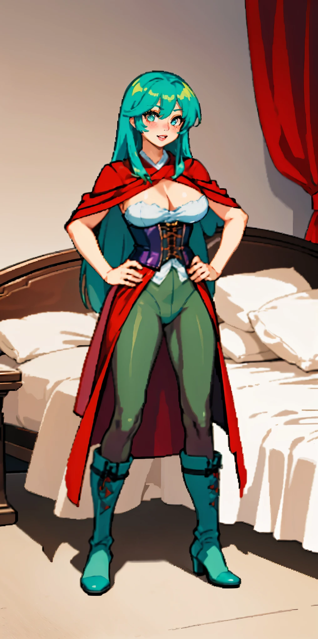 masterpiece, best quality,medieval armor, corset, breastplate,lum, urusei yatsura, cloak, pants, kimono,martial pov, pantyhose, sharpteeth, full body standing symmetrical lustful smirking smile face (red blush), matial art, bouquet of flower holding, full body toe to head, feet together, high boots, big breast, paladin warrior knight, hands on hips. red tattoo on belly, bedroom background, royal bedroom,