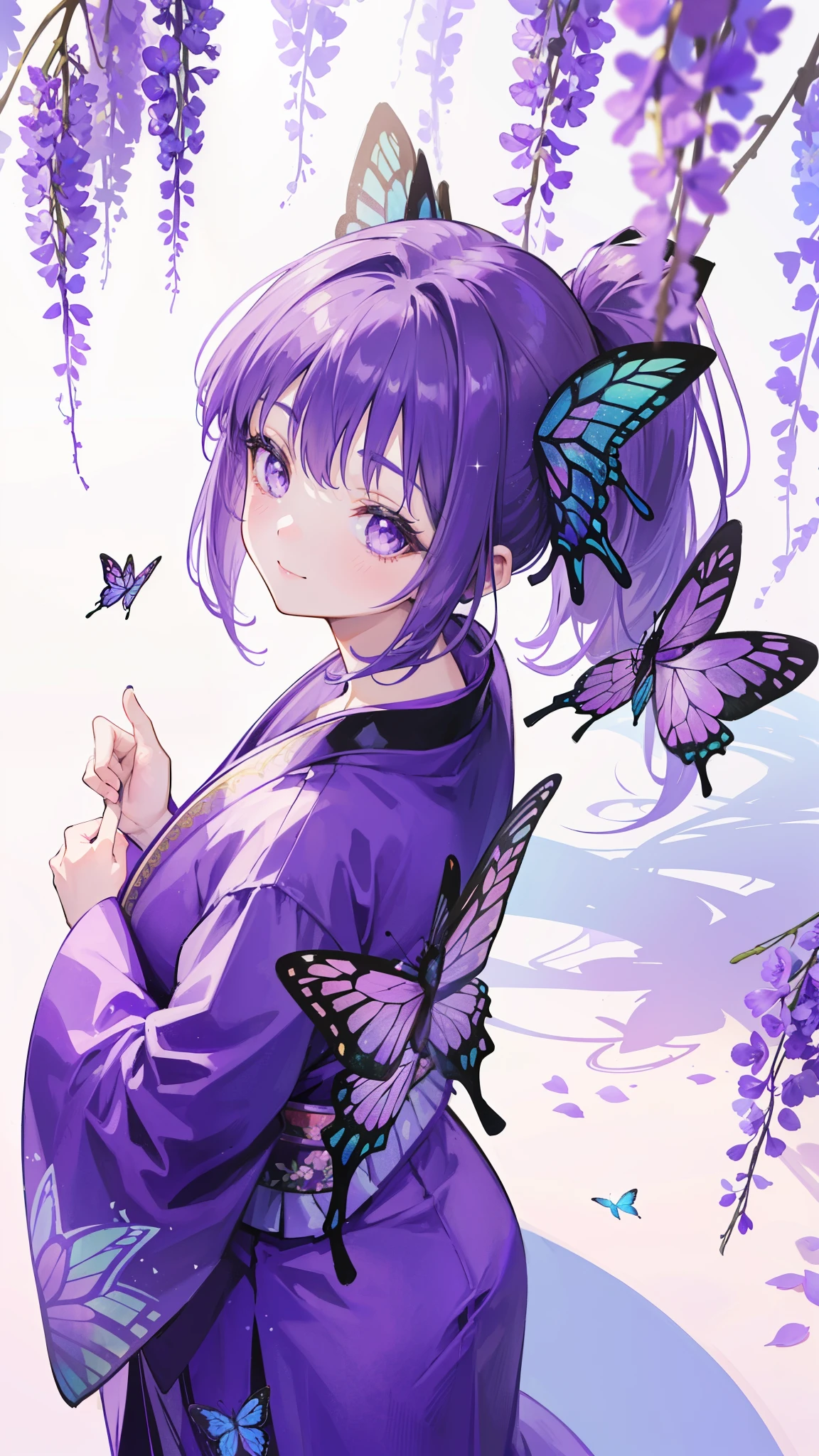 (32k), ((cute girl)), (hight quality), (high-level image quality), (smile), (hight quality wisteria flowers background), (32k background), (wisteria trellis),
(purple short ponytail), (purple eyes), (18 years old), (illustration), (purple light particles), (purple kimono), (purple Japanese clothes), (((from above))), (32k), (beautiful cute girl), (butterfly ornament), (butterfly dress), ((many butterflies)), (((background of many flowers
))), (((bright background))), (beautiful world), (cute world), (smile),