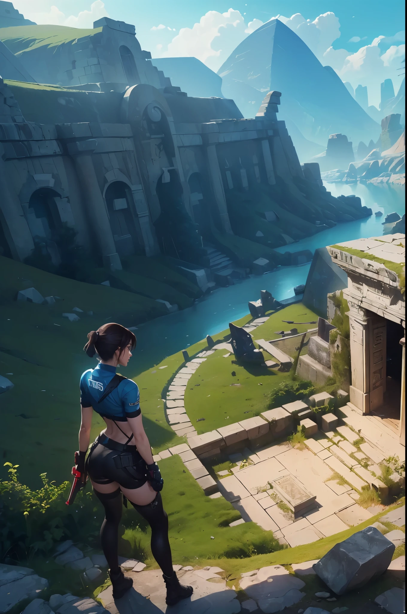 (((Ultra wide angle landscape of the ancient tomb))), a beautiful female adventurer stood in the distance, ((wearing a jill valentine outfit))