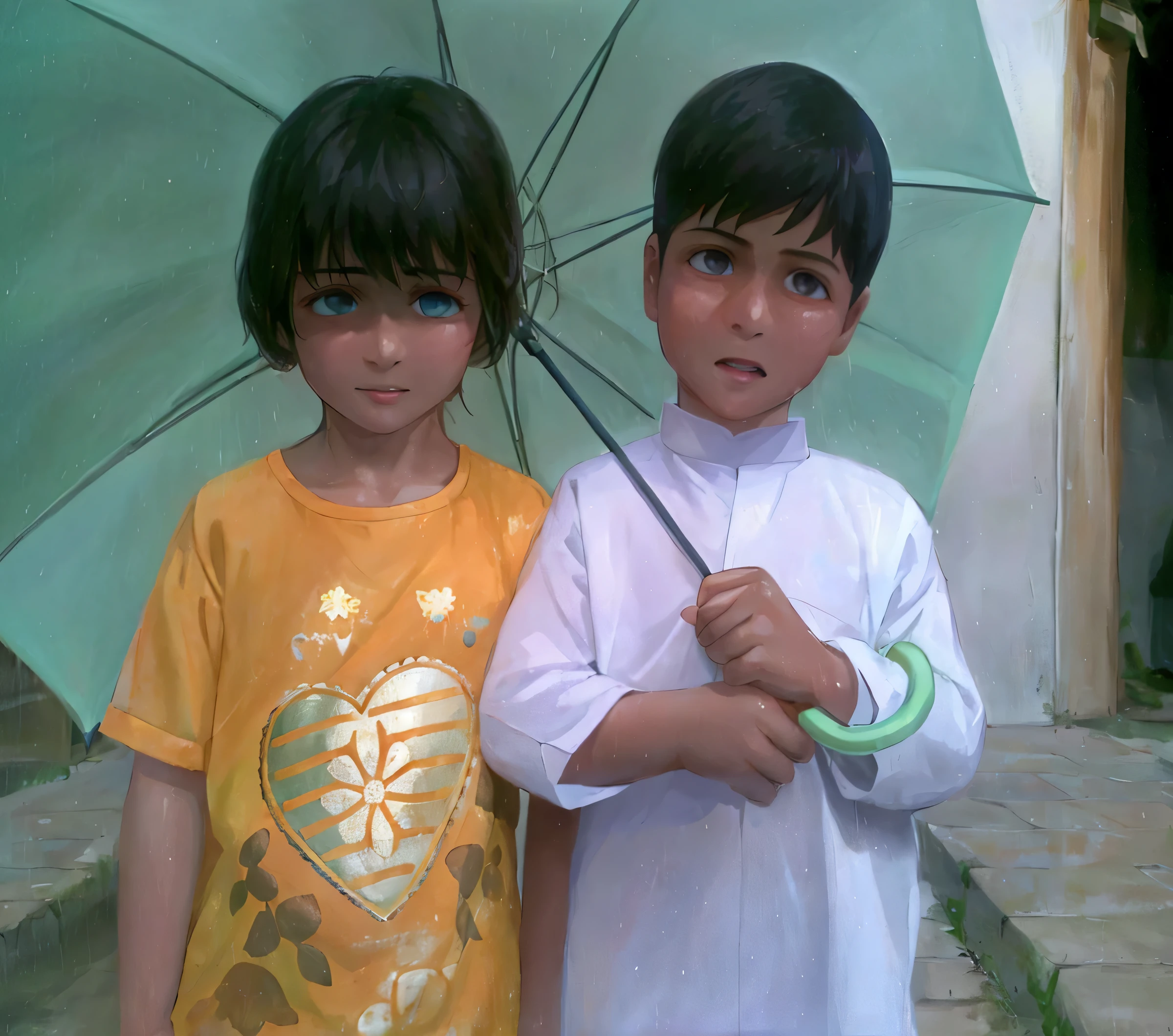 they are two children standing under an umbrella on the street, with wet faces!!, by Riza Abbasi, they are very serious, children, after rain and no girls, cute boys, at evening during rain, reyyan, siblings, khyzyl saleem, very very low quality picture, kyza saleem, ghutra and egal, profile pic