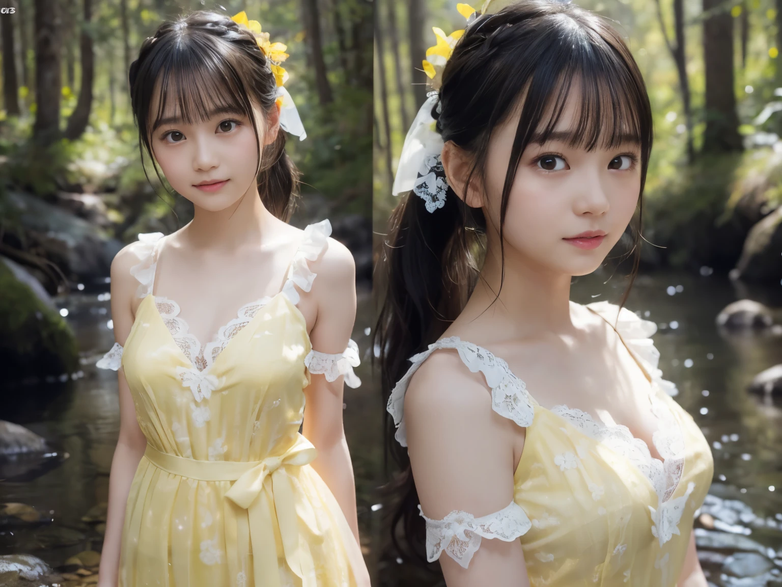 ((((1))),((Photorealistic))), (full body photo))), (Lens flare))),((Backlight)), (in the forest))((A clear stream deep in the dark mountains)),((background rocks)),((smile)),((Nikon Z)),())),(small bust)))), ((((Yellow lace dress,thin fabric dress)))), ((((Pore feeling)))), ((skin feel)))), (((photorealism: 6, realistic))))), (((Sideways and turning poses)),perfect chest shape, naked ass, side ponytail, ribbon, hair ornaments, white skin, looking at the viewer, small waist