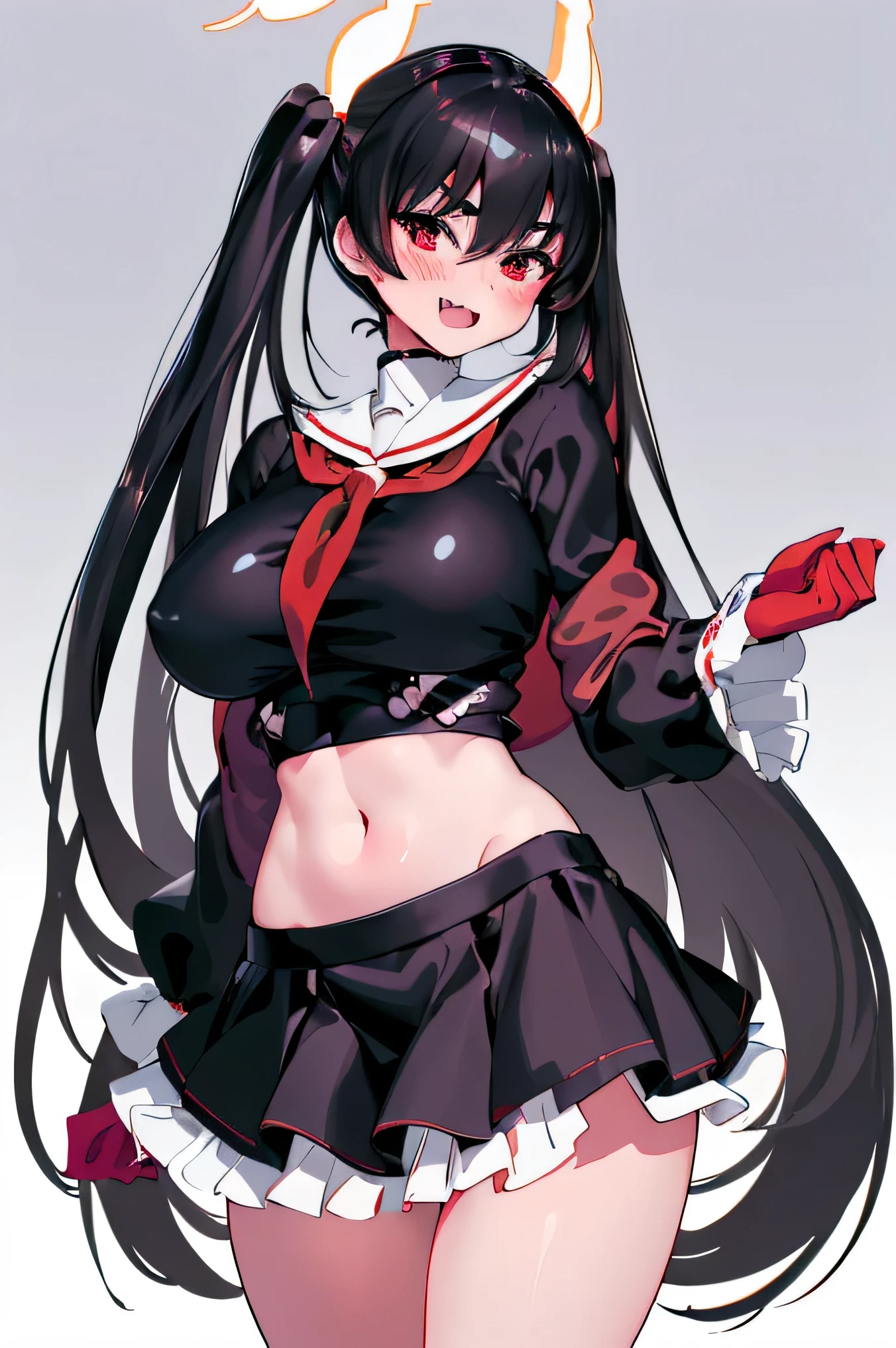 ((masterpiece)),(((highest quality))),(character design sheet, same character, front, ~ ~ side, return), shape, original character, volume lighting, best shadow, shallow depth of field, Portrait of an amazingly beautiful girl, , Delicate beautiful attractive face with seductive red eyes, red horn、sharp eyebrows, big smile, open your mouth, bare one's fangs, nice big breasts, Layered long twin tails black hair, blush eyeshadow, thick eyelashes, serafuku、oversized pop jacket, open the navel, Are standing, (highest quality, amazing details:1.25), (alone:1.3), vivid colorful paintings、(simple returnground, white returnground: 1.3)