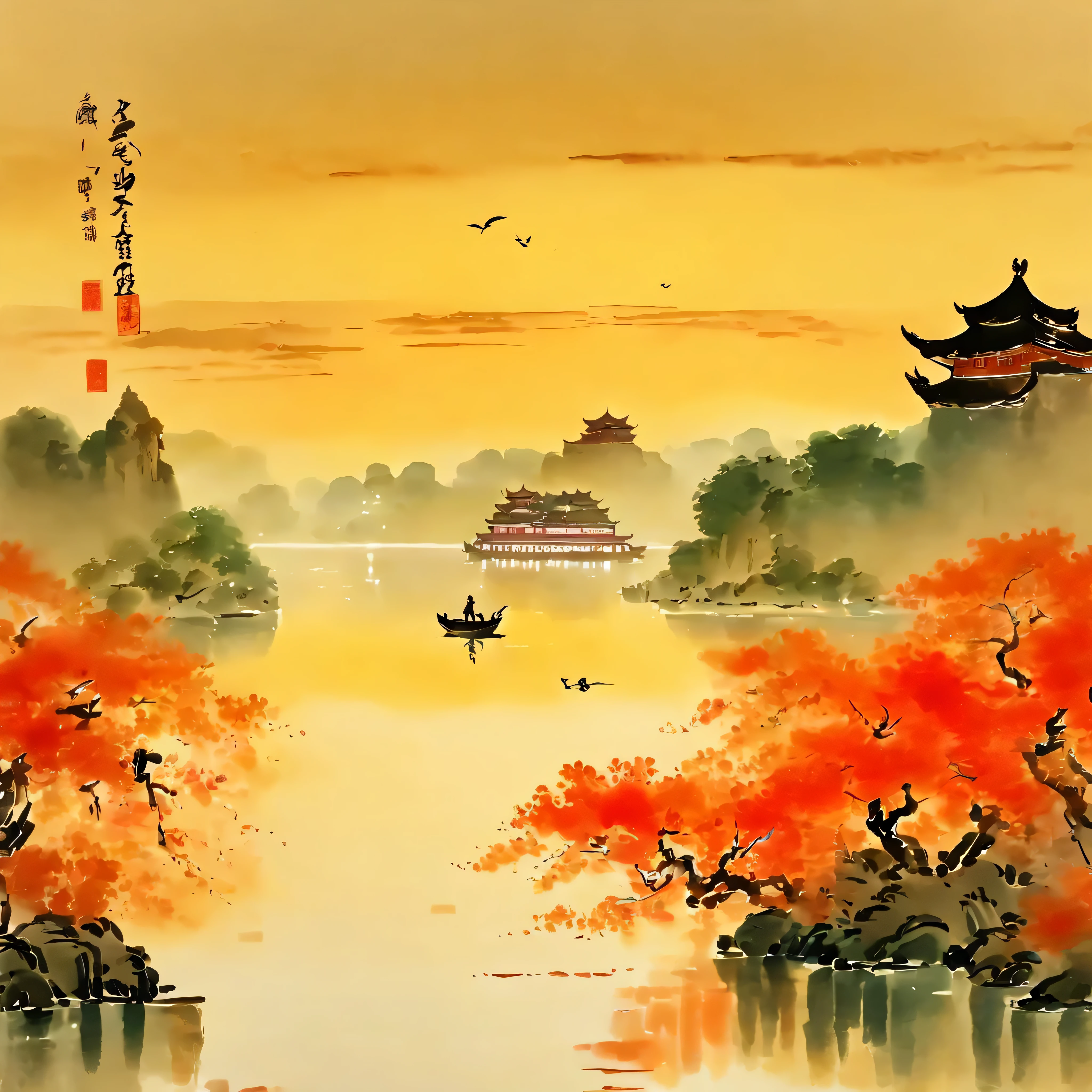 A traditional Chinese ink painting,wide high angle view,Yueyang Tower,Yueyang Tower,Wide view of Yueyang Tower,Yueyang Tower from afar,Yueyang Tower surrounded by water,Yueyang Tower in the mist,Yueyang Tower in the rain,Yueyang Tower with willow trees,Yueyang Tower with a beautiful sky,Yueyang Tower illuminated by the setting sun,Yueyang Tower reflecting in the Dongting Lake,Yueyang Tower standing tall and majestic,The serene atmosphere of Dongting Lake,Dongting Lake stretching out in the distance,Dongting Lake with calm waters,Dongting Lake shrouded in mist,Dongting Lake under a cloudy sky,Dongting Lake under a colorful sunset,Dongting Lake with reflections of the sky,Dongting Lake with a boat sailing in the distance,Dongting Lake with lotus flowers blooming,Wisps of willow branches swaying in the breeze,The sound of raindrops falling on the willow leaves,The willow trees embracing the Yueyang Tower,Waves gently lapping against the shore,Birds flying above the water,A sense of tranquility and serenity,Qi Baishi style brushwork and composition,Qi Baishi style ink wash technique,Qi Baishi style emphasis on simplicity and elegance,Qi Baishi style use of bold and vibrant colors,Qi Baishi style capturing the essence of nature,Qi Baishi style attention to detail and precision,High quality,4k resolution,Ultra-detailed and realistic,Professional masterpiece with extreme detail description,HDR lighting for enhanced colors and contrast,Vivid colors and sharp focus,Physically-based rendering for lifelike textures,Bokeh effect for a dreamy atmosphere.