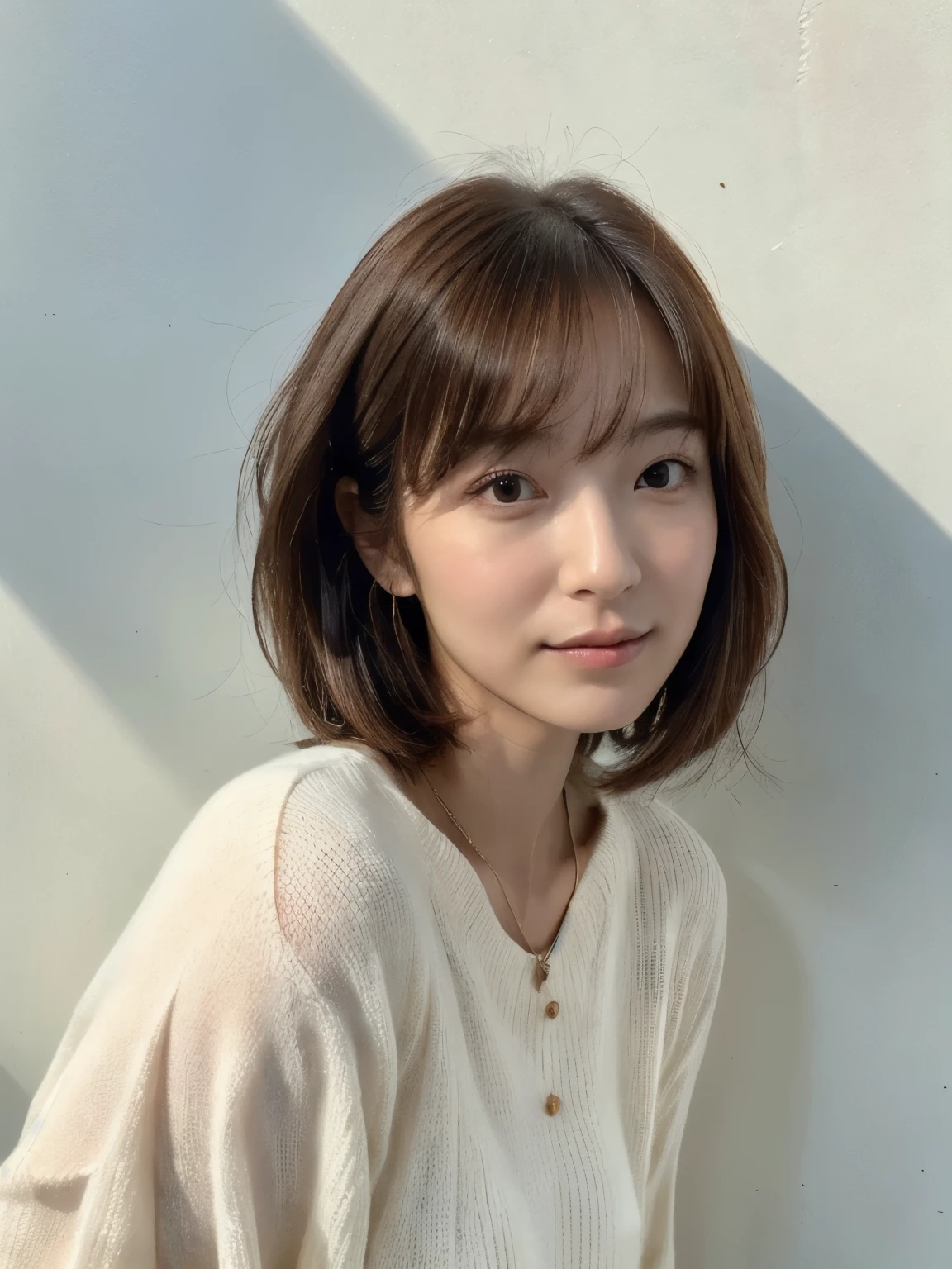 (Highly realistic photos, High resolution, detailed face, fine eyes), ((Taken in front of a white wall))、japanese woman, 40 years old, various expressions, alone:1, slim figure, different hairstyles, casual clothes, Only one person appears in the photo、long sleeve dress、Photographed in natural light、simple necklace、spring clothes、don&#39;t look at the camera、profile、beige brown hair color、bob hair