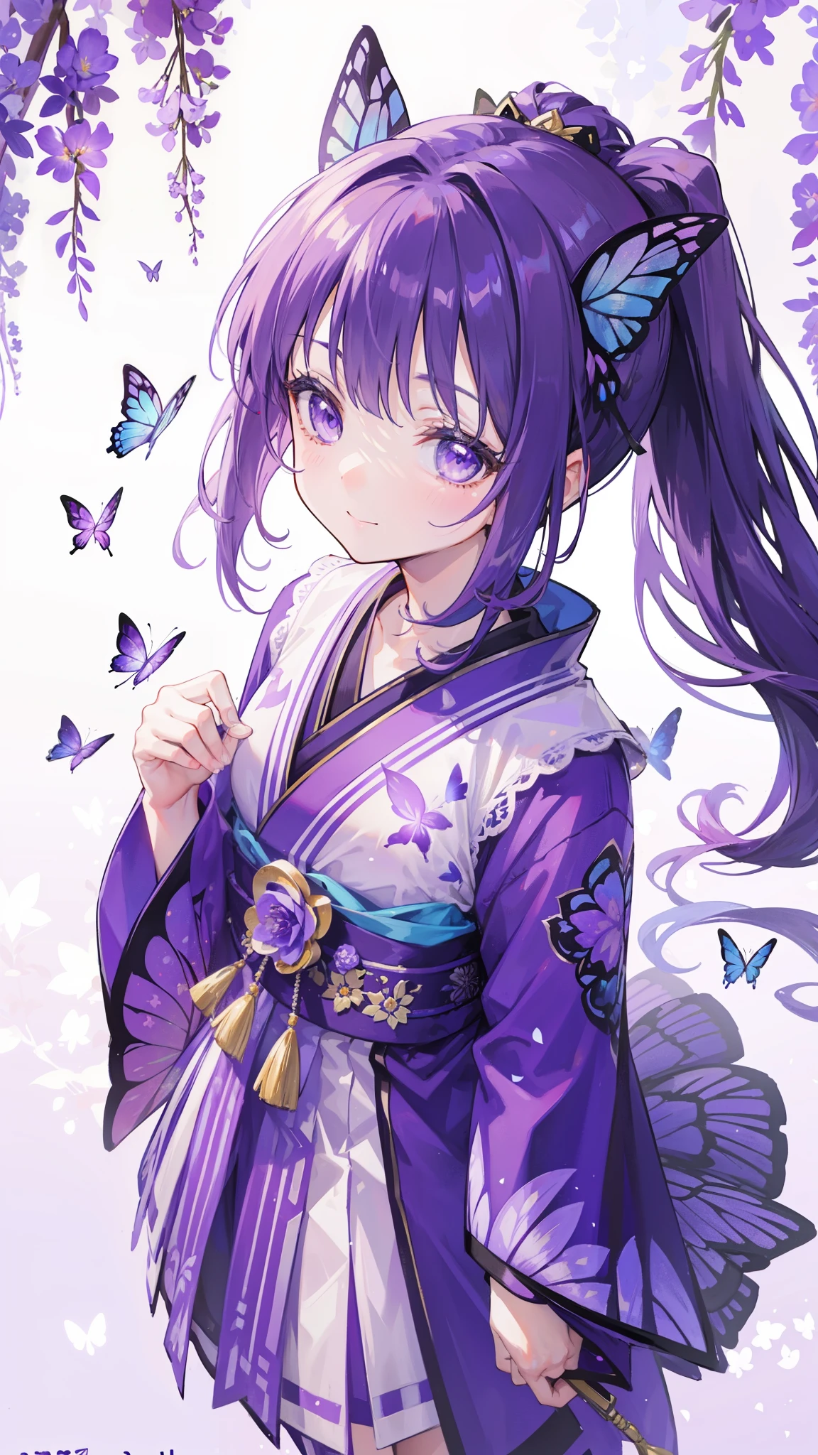 (32k), ((cute girl)), (hight quality), (high-level image quality), (smile), (hight quality wisteria flowers background), (32k background), (wisteria trellis),
(purple short ponytail), (purple eyes), (18 years old), (illustration), (purple light particles), (purple kimono), (purple Japanese clothes), (((from above))), (32k), (beautiful cute girl), (butterfly ornament), (butterfly dress), ((many butterflies)), (((background of many flowers
))), (((bright background))), (beautiful world), (cute world), (smile),