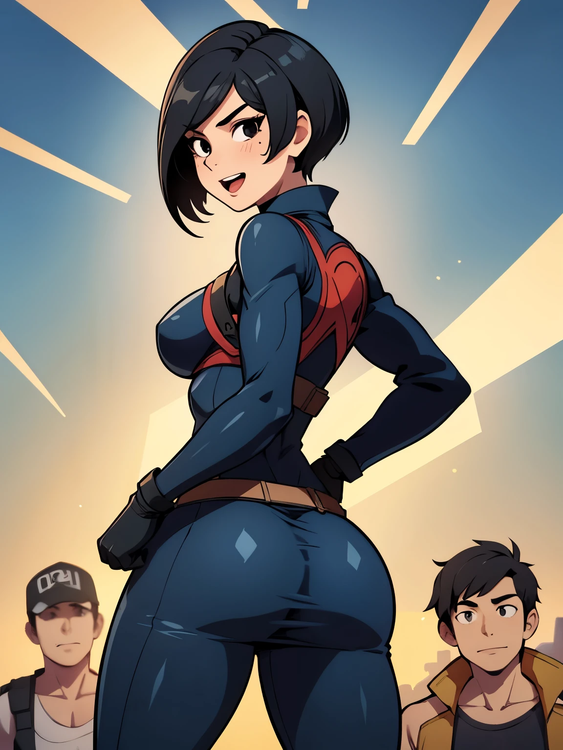 obra de arte, melhor qualidade, iluminação suave e quente, 1girls, ass, ass focus, beauty mark, black eyes, black hair, butt focus, clothed, clothing, costume, female, female focus, female only, gloves, hero, outfit (mha), lips, looking at viewer, muscular, muscular female, open mouth, open smile, smile, solo, solo female, solo focus superhero superheroine