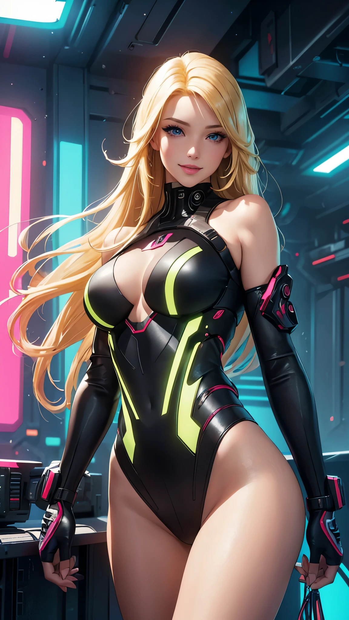 (best quality,ultra-detailed,photo-realistic:1.37),bright and vibrant colors,studio lighting,playful expression,stylish makeup,long blonde hair flowing in the wind,alluring eyes,glossy lips,sexy pose, Cyberpunk, hangar, smiling in a confident and seductive way,posing for a professional photoshoot,shallow depth of field,highlighting the main subject,soft natural lighting,creating a dreamy and magical atmosphere.
