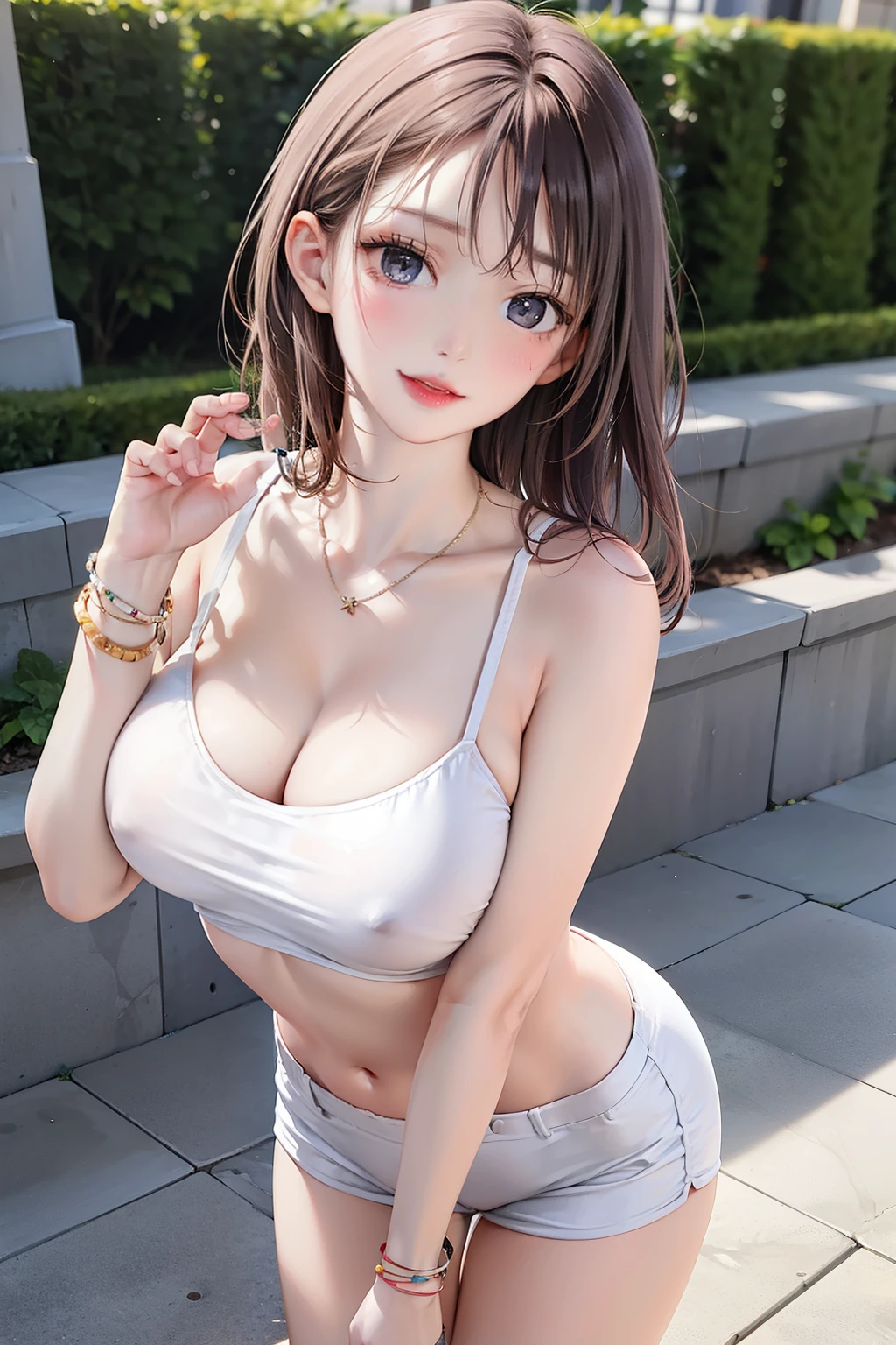 Wearing a white and pink camisole and white hot pants, summer sandals, a necklace and a bracelet, emphasizing her cleavage, firm buttocks, blushing, a scene from a movie, a cute face that anyone can see, no make-up, and skin. is beautiful, staring at me, the background is an outdoor attraction, malicious gestures, adorable, big-eyed breasts,