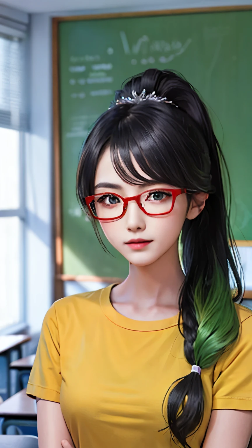 female classmate,single eyelid,,Height 168 cm,Long ponytail hairstyle,Black hair and green hair, Good-looking hair accessories, Eye color is light green,Wearing red glasses,Fine-rimmed glasses,White skin,White short sleeves,Medium chest,virtuous,classroom,amazing face and eyes,Upper body