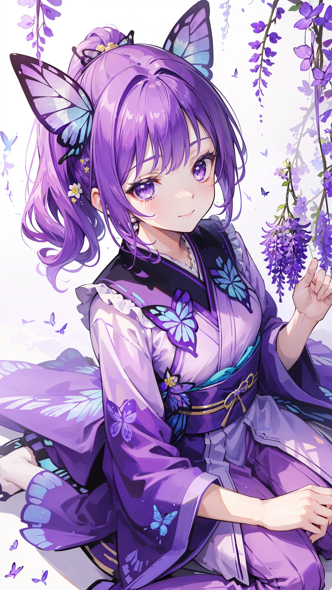 (32k), ((cute girl)), (hight quality), (high-level image quality), (smile), (hight quality wisteria flowers background), (32k background), (wisteria trellis),
(purple short ponytail), (purple eyes), (18 years old), (illustration), (purple light particles), (purple kimono), (purple Japanese clothes), (((from above))), (32k), (beautiful cute girl), (butterfly ornament), (butterfly dress), ((many butterflies)), (((background of many flowers
))), (((bright background))), (beautiful world), (cute world), (smile), wariza,