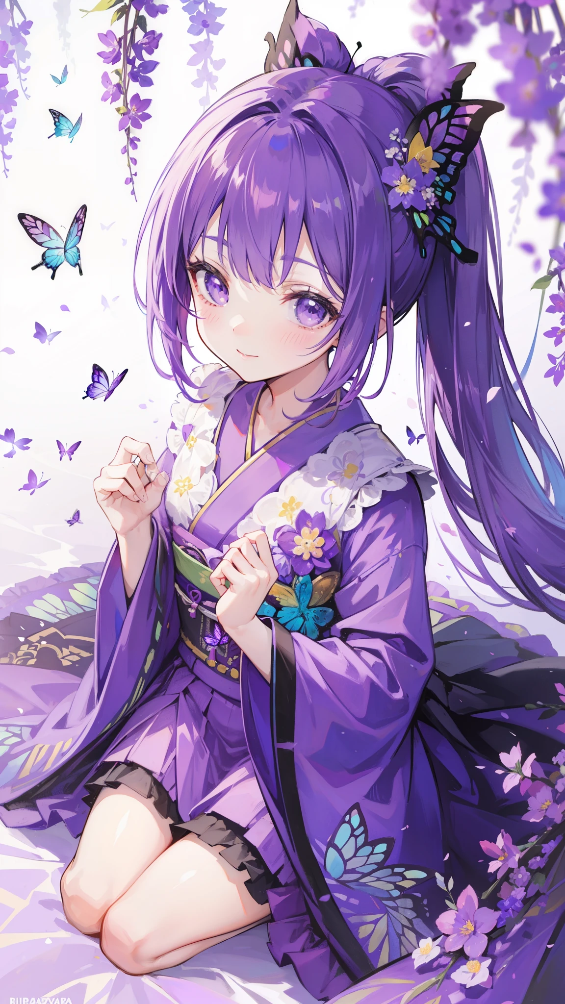(32k), ((cute girl)), (hight quality), (high-level image quality), (smile), (hight quality wisteria flowers background), (32k background), (wisteria trellis),
(purple short ponytail), (purple eyes), (18 years old), (illustration), (purple light particles), (purple kimono), (purple Japanese clothes), (((from above))), (32k), (beautiful cute girl), (butterfly ornament), (butterfly dress), ((many butterflies)), (((background of many flowers
))), (((bright background))), (beautiful world), (cute world), (smile), wariza,