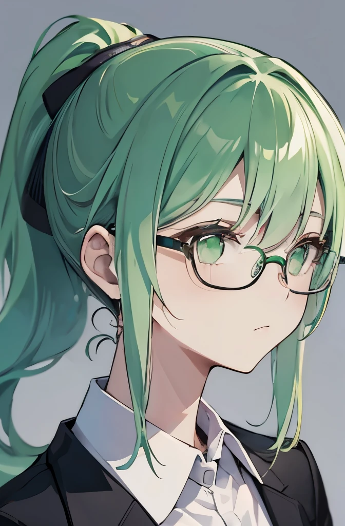 light green middle hair、wearing glasses、pale green eyes、ponytail、secretary、company、suit