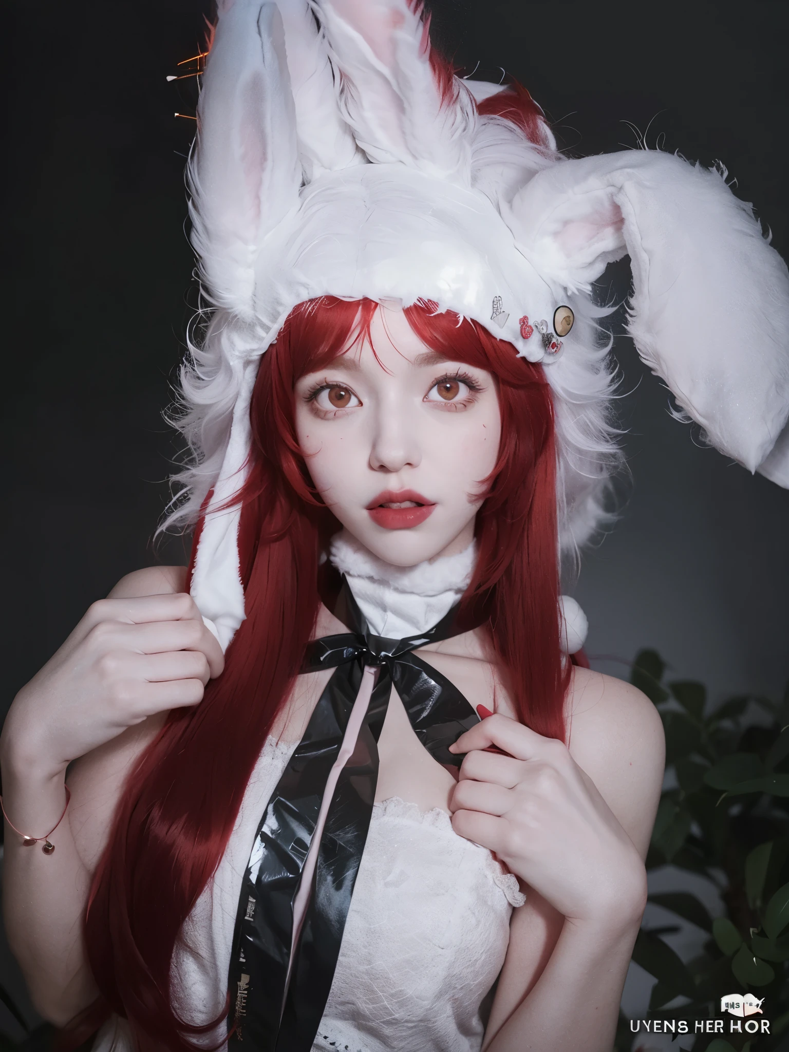 arafed woman with red hair wearing a white bunny hat, with long floppy rabbit ears, red wig, ultrarealistic sweet bunny girl, with bunny ears, with big rabbit ears, with bunny rabbit ears, long red hair white streak hair, white fox ears, with white long hair, wearing cybernetic bunny ears, white red, with long red hair, pale red