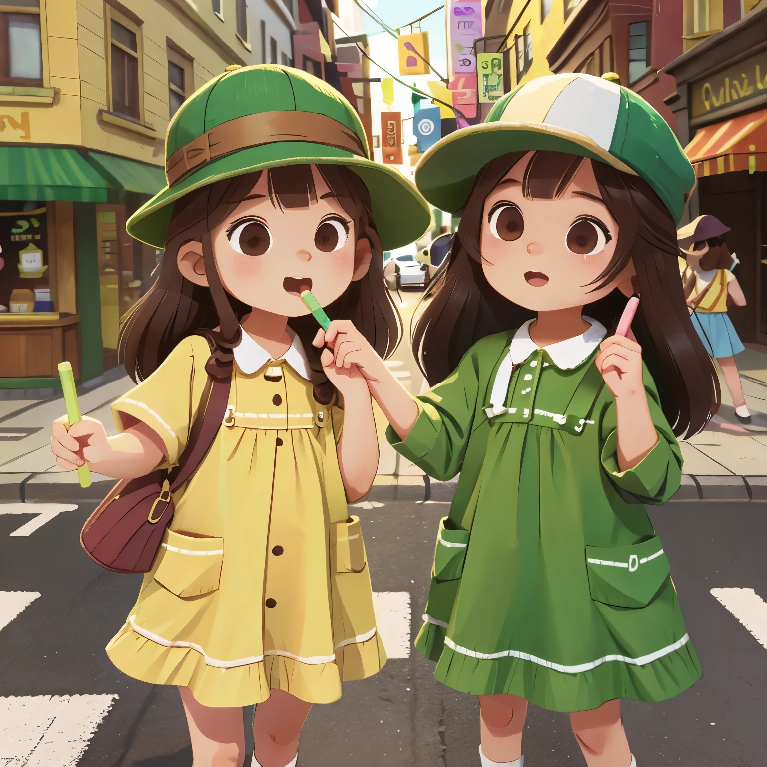 two girls, wearing green clothes with brown hats, long black hair with pale white skin, brown dresses, Serang holding a lollipop in her right hand, her left hand pointing towards the candy shop across the street.
