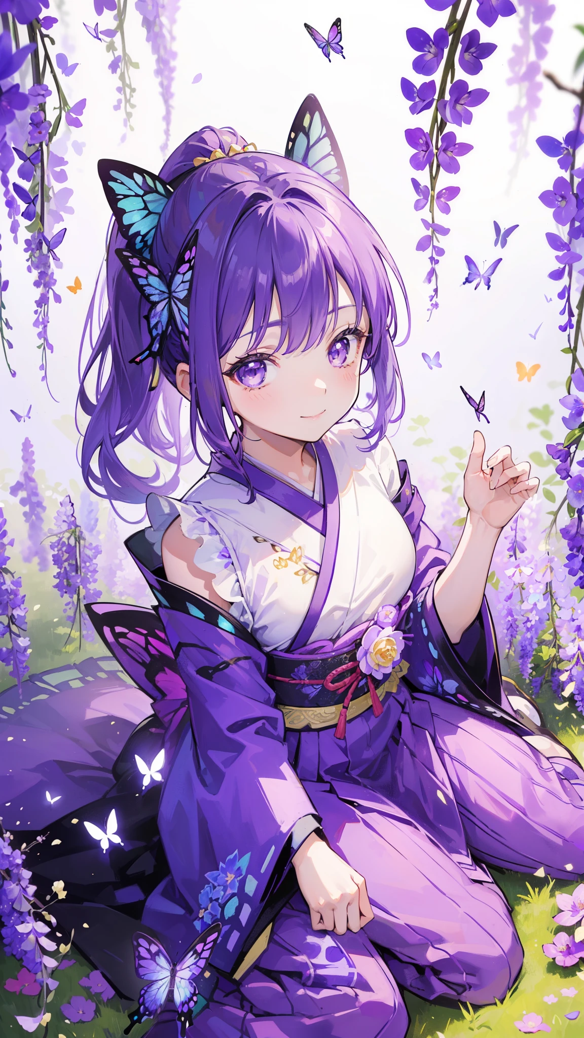 (32k), ((cute girl)), (hight quality), (high-level image quality), (smile), (hight quality wisteria flowers background), (32k background), (wisteria trellis),
(purple short ponytail), (purple eyes), (18 years old), (illustration), (purple light particles), (purple kimono), (purple Japanese clothes), (((from above))), (32k), (beautiful cute girl), (butterfly ornament), (butterfly dress), ((many butterflies)), (((background of many flowers
))), (((bright background))), (beautiful world), (cute world), (smile), wariza,