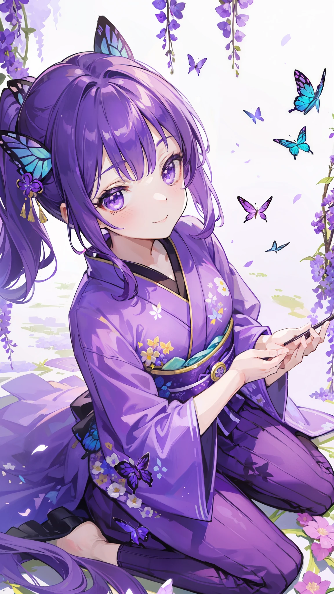 (32k), ((cute girl)), (hight quality), (high-level image quality), (smile), (hight quality wisteria flowers background), (32k background), (wisteria trellis), 
(purple short ponytail), (purple eyes), (18 years old), (illustration), (purple light particles), (purple kimono), (purple Japanese clothes), (((from above))), (32k), (beautiful cute girl), (butterfly ornament), (butterfly dress), ((many butterflies)), (((background of many flowers
))), (((bright background))), (beautiful world), (cute world), (smile), wariza, 