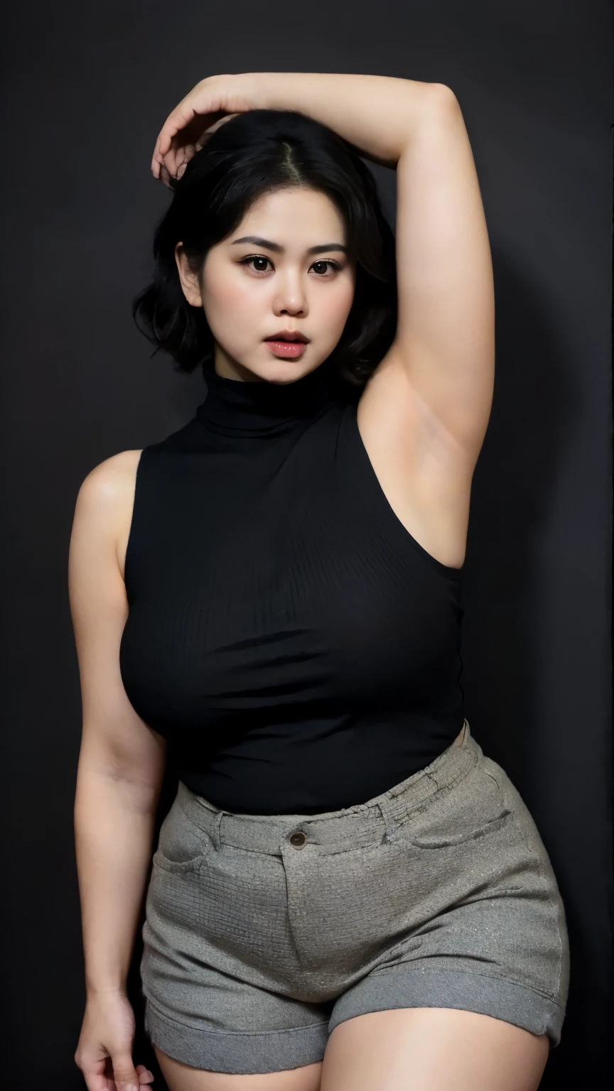 ((best quality)), ((masterpiece)), (detailed), perfect face, Beautiful, mother-in-law, asian-Indonesian , voluptuous, wearing random clothes (formal), In the black room, seductive expression, chubby body, nice body, milf chubby, chinese-Indonesian. Full body, big arm, wide hips , wearing a sneakers, bob hairstyle, baby face , chubby cheeks, 35 year old, chubby tall woman, tattooed thighs , yakuza tattoos , big thighs, big armpits , chubby massive cheeks , thick neck, cold atmosphere, low light, wavy short haired, big breasts, showing her armpits , thick woman , turtleneck, thick woman . Full body, wearing shorts pants 