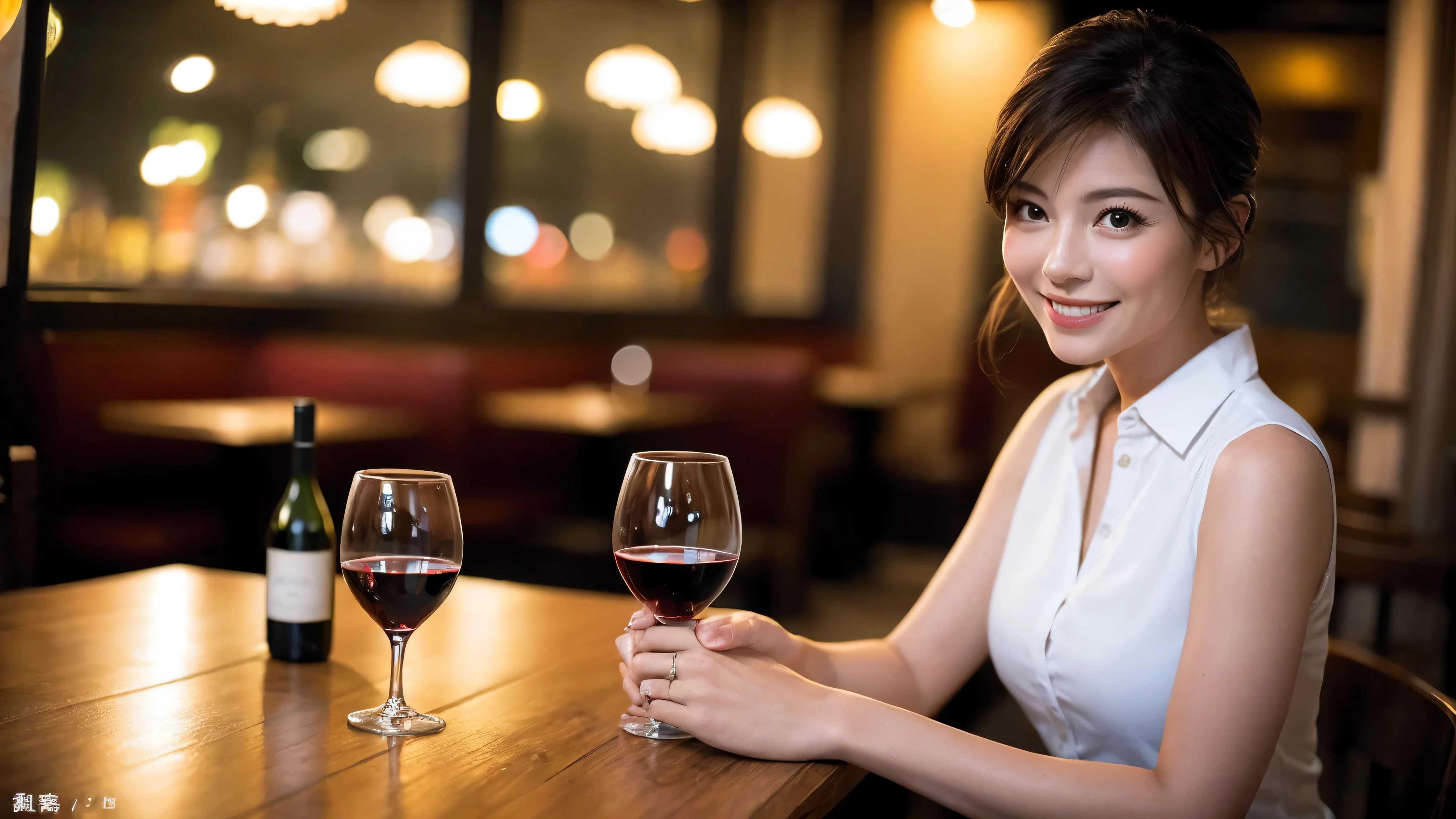 (including 64k, nffsw, highest quality, table top: 1.2), (realistic, realistic: 1.37), pretty woman 1, (slimフェイス), (because I'thin), (brown hair), (shortcut), cheeks turn a little red, (40 years old), 38 years, alone, 窓の外には美しく緻密なnight景が広がります..., restaurant, wine glassに座って, nightに, in a prominent place (from the waist up) nova frog style, actress, model, Upper body, White wine, slim, wine glass, とてもきれいなnight景, 真ん中に置かれたwine glass, smile, (smile: 1.15), Beautiful little eyes, Upper body, bust japan up, night, short, short, actress, model, Upper body, White wine, slim, wine glass, とてもきれいなnight景, 真ん中に置かれたwine glass, smile,