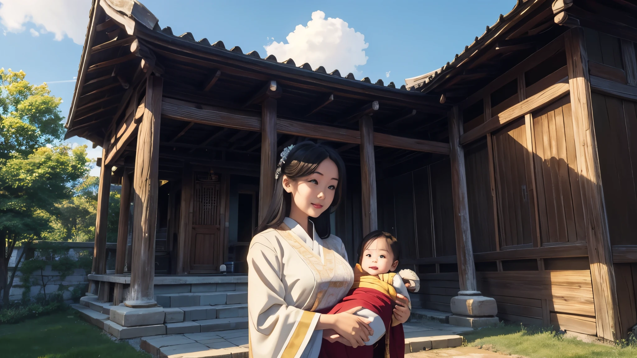 {{masterpiece, best quality, Extremely detailed CG, unified 8k wallpaper, light}}, Chinese traditional ink painting, 1 girl, 1 baby, young woman holding baby, whole body, ancient building, blue sky, sunny, wooden building, prominent protagonist, Smile, big eyes, Beautiful and delicate eyes, (big breasts, split), round ass, looking at the audience, long eyelashes,