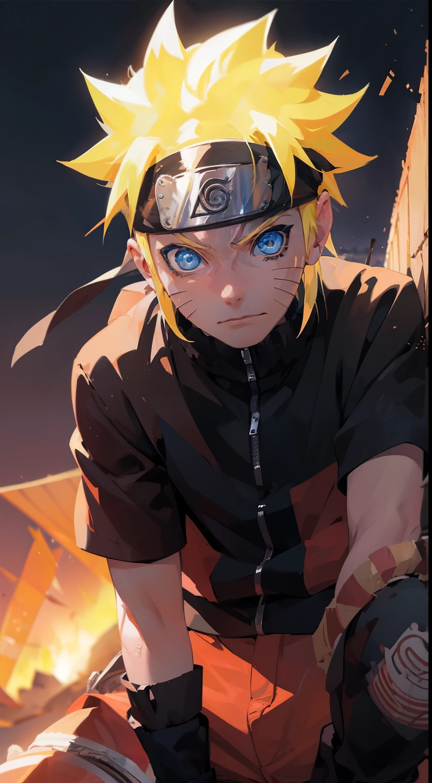 portrait, neon, 1 boy, shonen style, spiky blonde hair, scratches on cheeks, black and red clothing, leather jacket, jeans, boots, bandana, cool, blue eyes, full body, color --name Naruto Uzumaki --desert background with pyramids and camels