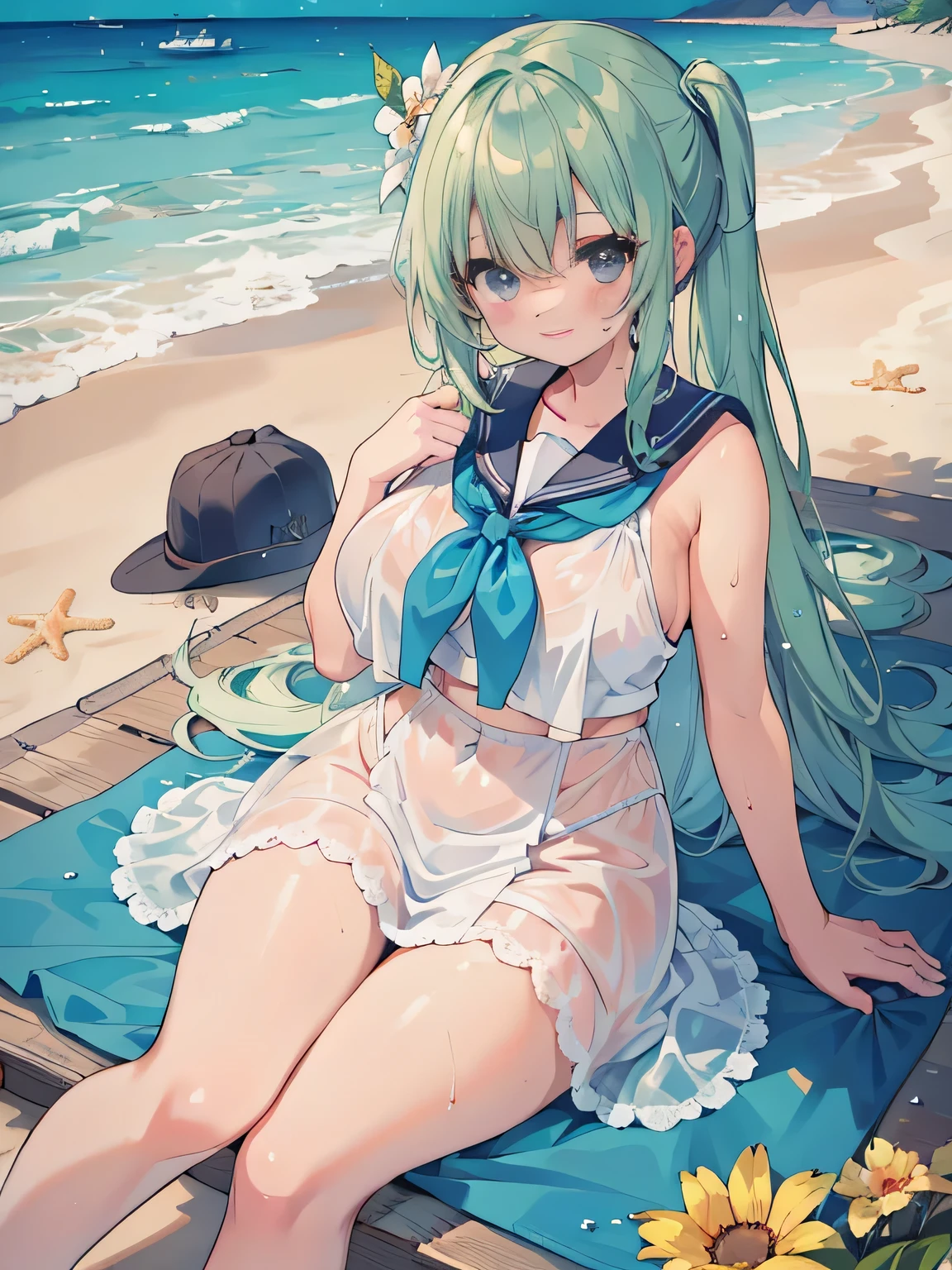 highest quality、High resolution、detailed background、beautiful and detailed face、beautiful and smooth skin、skin texture、professional lighting、Beautiful teenage girl、((three women))、(huge breasts: 1.3)、
((wet white thin baby doll, sailor color))、sexual expression、side pony、cute hairstyle, Can be seen through clothes、lying on the beach and smiling、show one'~ side、waikiki beach、rakai beach、lying on the beach
