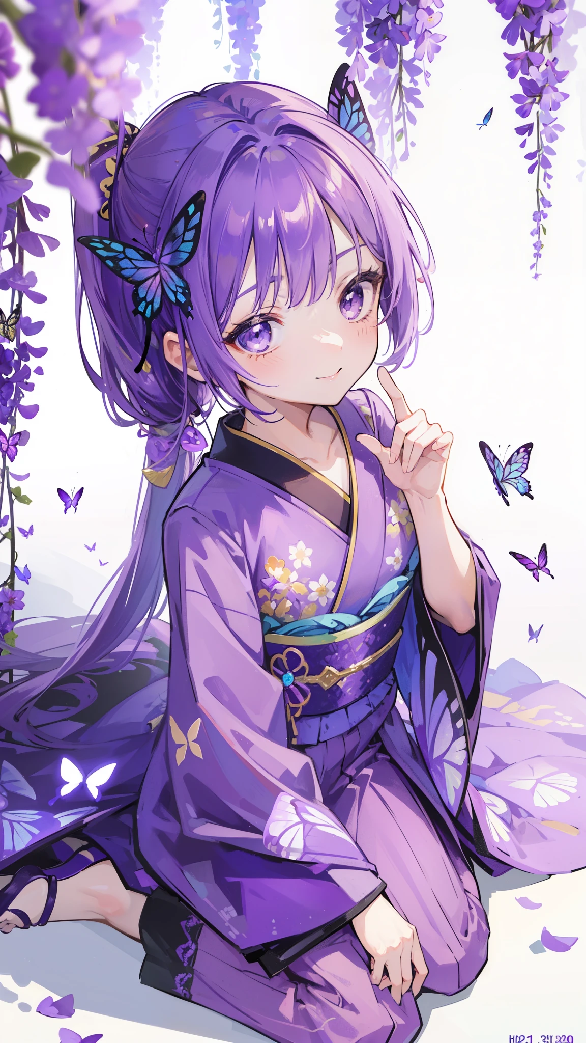 (32k), ((cute girl)), (hight quality), (high-level image quality), (smile), (hight quality wisteria flowers background), (32k background), (wisteria trellis),
(purple short ponytail), (purple eyes), (18 years old), (illustration), (purple light particles), (purple kimono), (purple Japanese clothes), (((from above))), (32k), (beautiful cute girl), (butterfly ornament), (butterfly dress), ((many butterflies)), (((background of many flowers
))), (((bright background))), (beautiful world), (cute world), (smile), wariza,