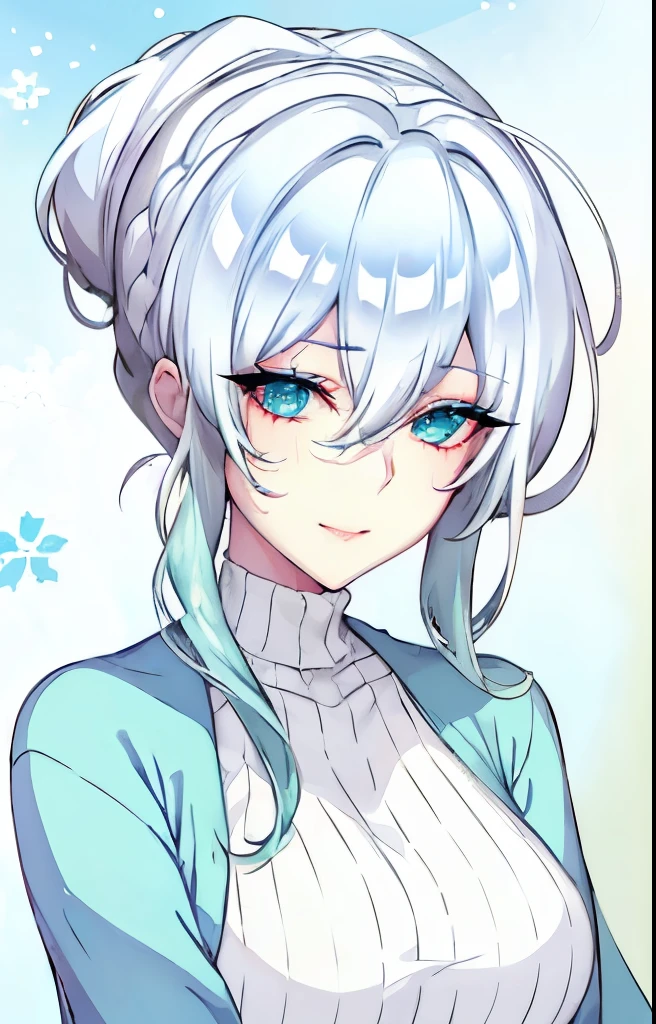 1 woman, cyan shirt, slightly bend forward, smiling charmingly, beautiful face, hair buns, white hair, close-up upper body, side 