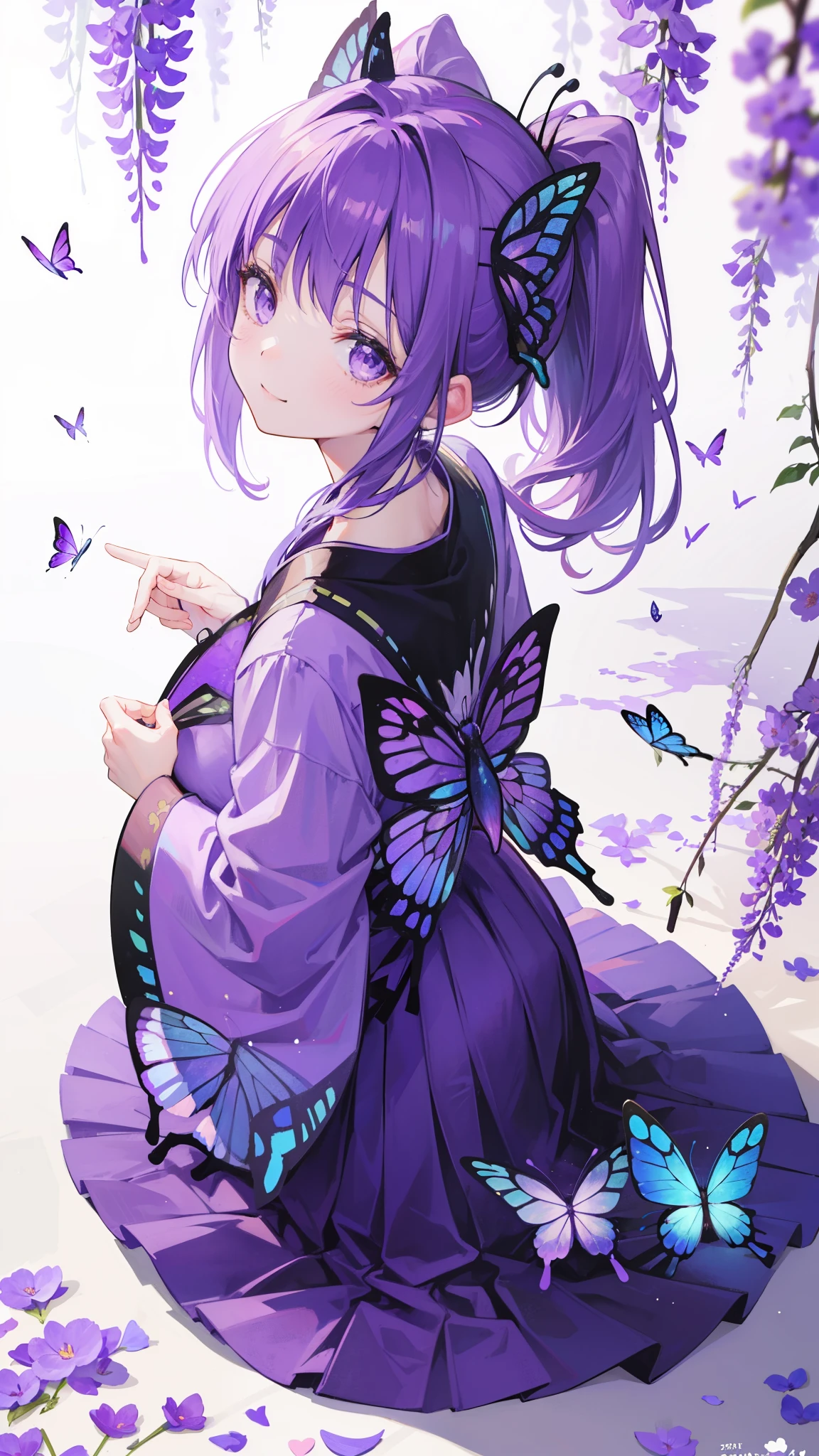 (32k), ((cute girl)), (hight quality), (high-level image quality), (smile), (hight quality wisteria flowers background), (32k background), (wisteria trellis),
(purple short ponytail), (purple eyes), (18 years old), (illustration), (purple light particles), (purple kimono), (purple Japanese clothes), (((from above))), (32k), (beautiful cute girl), (butterfly ornament), (butterfly dress), ((many butterflies)), (((background of many flowers
))), (((bright background))), (beautiful world), (cute world), (smile), wariza,