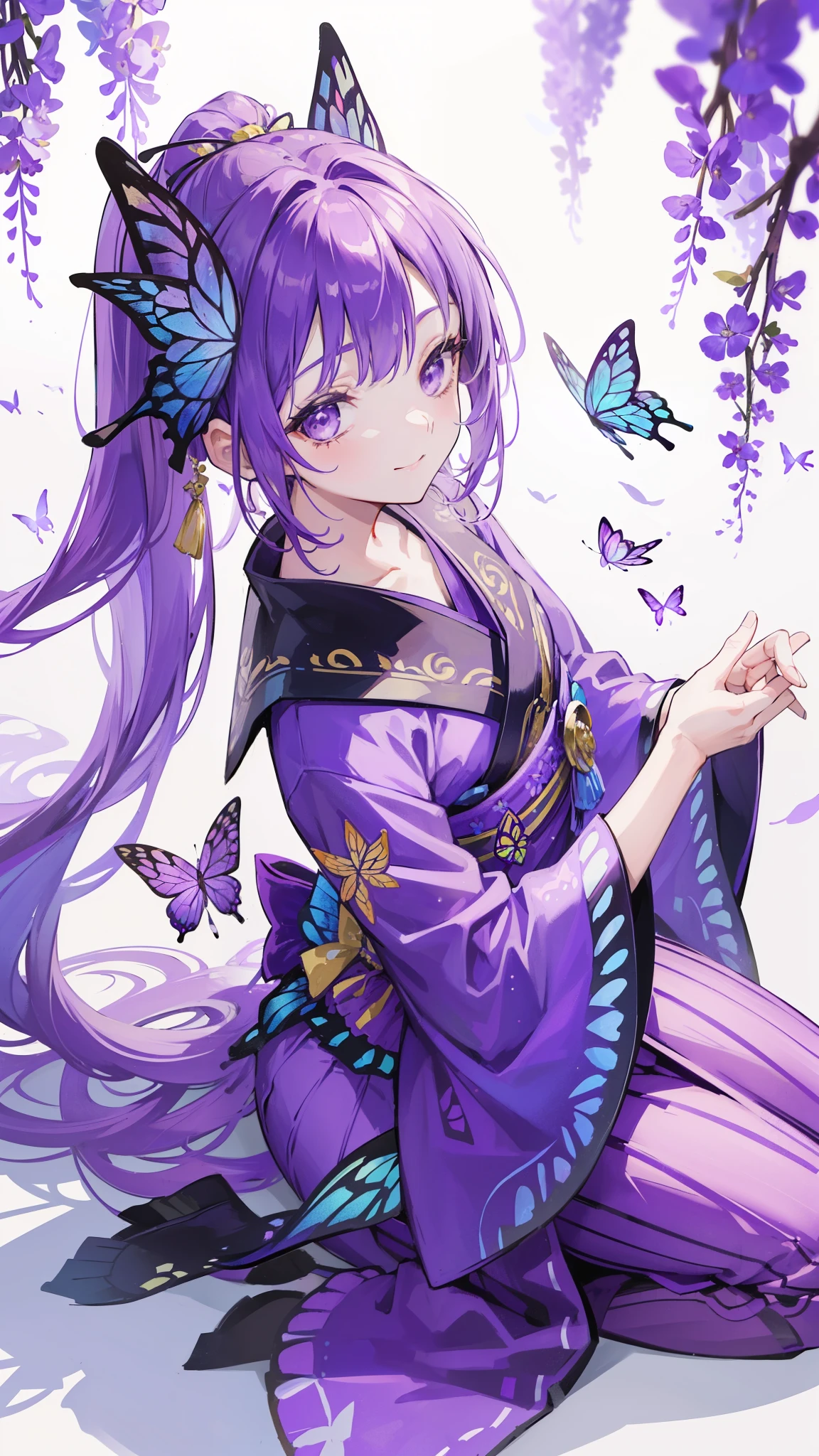 (32k), ((cute girl)), (hight quality), (high-level image quality), (smile), (hight quality wisteria flowers background), (32k background), (wisteria trellis),
(purple short ponytail), (purple eyes), (18 years old), (illustration), (purple light particles), (purple kimono), (purple Japanese clothes), (((from above))), (32k), (beautiful cute girl), (butterfly ornament), (butterfly dress), ((many butterflies)), (((background of many flowers
))), (((bright background))), (beautiful world), (cute world), (smile), wariza,