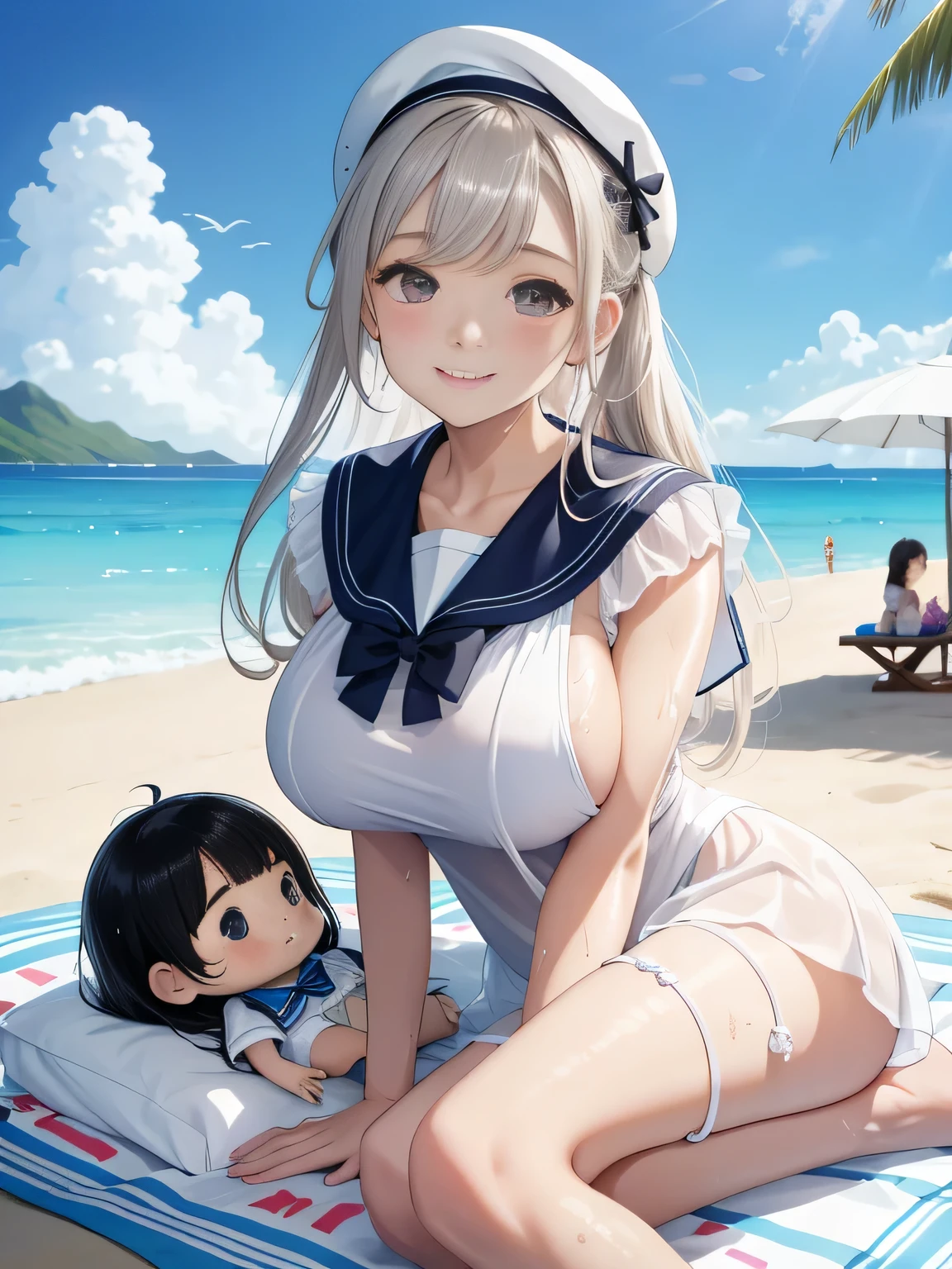 highest quality、High resolution、detailed background、beautiful and detailed face、beautiful and smooth skin、skin texture、professional lighting、Beautiful age girl、((three women))、(huge breasts: 1.3)、
((wet white thin baby doll, sailor color))、sexual expression、side pony、cute hairstyle, Can be seen through clothes、lying on the beach and smiling、show one'~ side、waikiki beach、rakai beach、lying on the beach