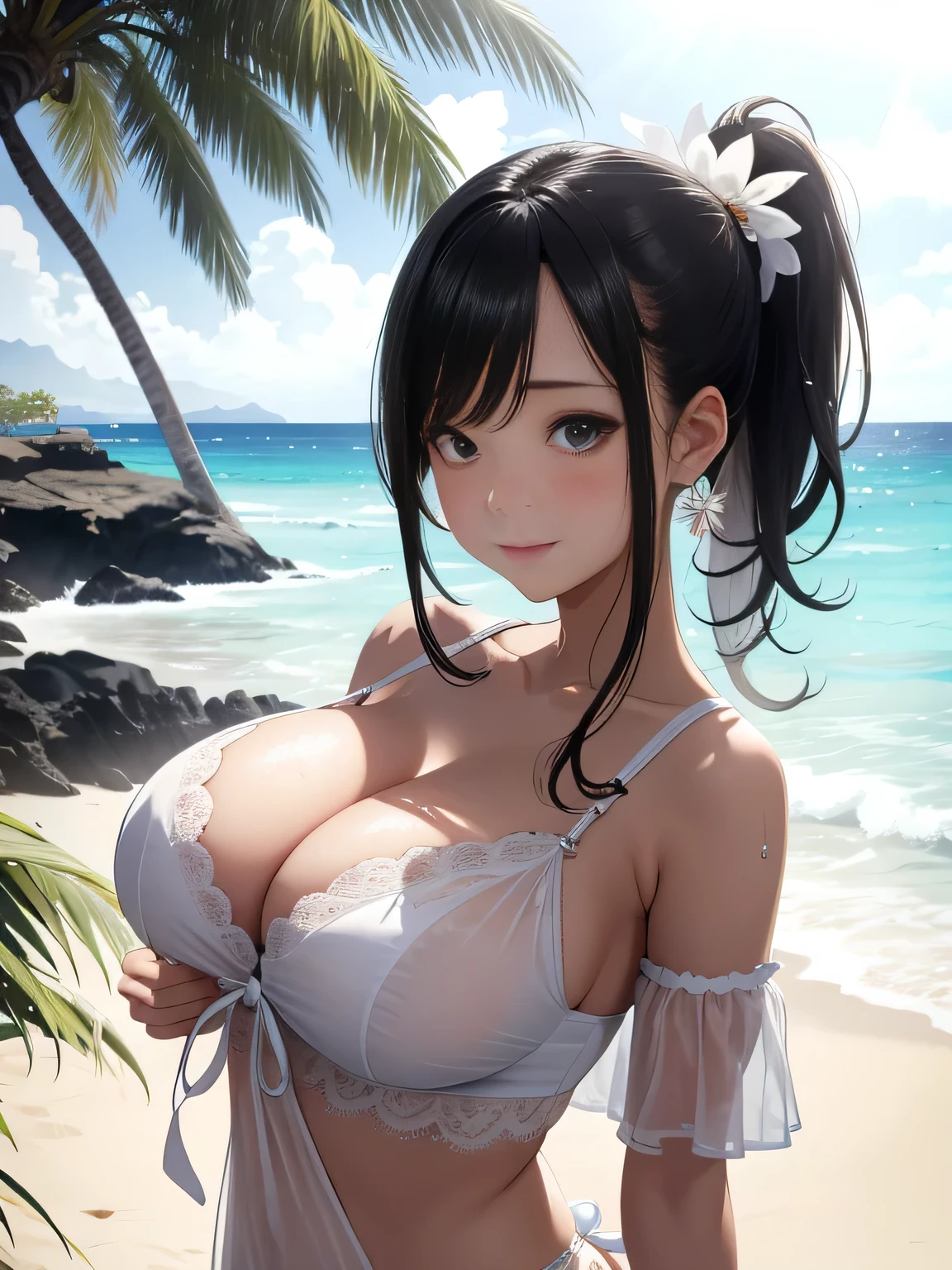 highest quality、High resolution、detailed background、beautiful and detailed face、beautiful and smooth skin、skin texture、professional lighting、Beautiful age girl、((three women))、(huge breasts: 1.3)、
wet white thin baby doll, sailor color、sexual expression、side pony、ponytail、cute hairstyle, panty shot, Can be seen through clothes、emphasize the chest、lying on the beach and smiling、show one'~ side、
in the Hawaiian Islands, there are several々there is a beautiful beach、waikiki beach、rakai beach