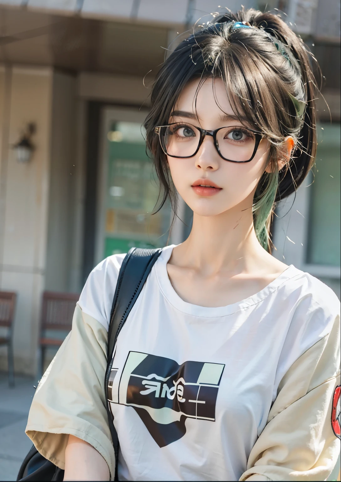 Long ponytail hairstyle，Black hair and green hair, Good-looking hair accessories, Eye color is light green,Wearing red glasses，Fine-rimmed glasses， and a backpack standing outside, real life anime girls, guweiz style artwork, Realistic young anime girl, Wear glasses on, guweiz, Realistic anime 3D style, Attractive anime girl,  Cute and natural anime face, young cute girl, korean girl，