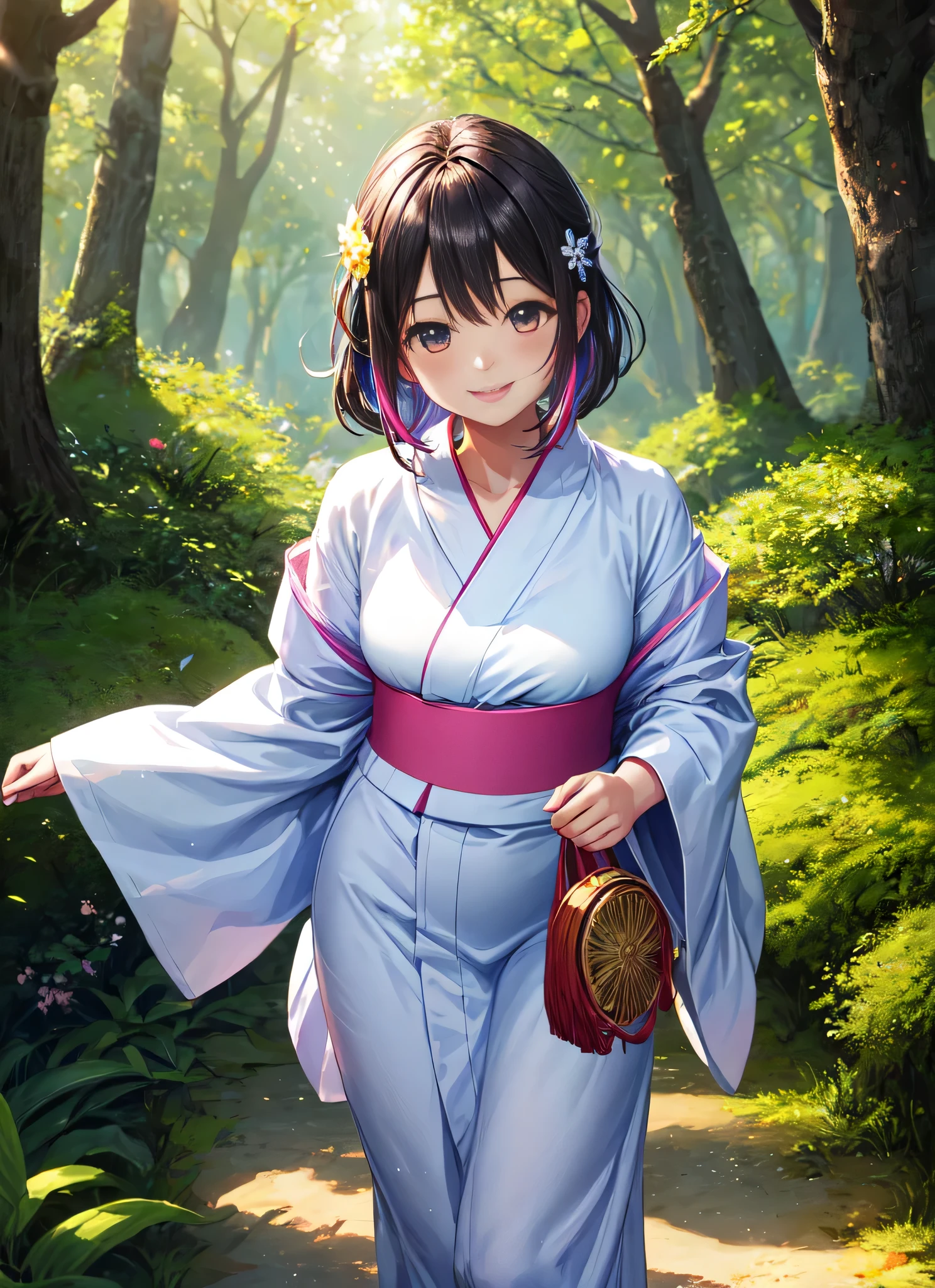shuna, 1 girl, colorful, white yukata, smile, fantasy light, ((forest background)), ((ray tracing))