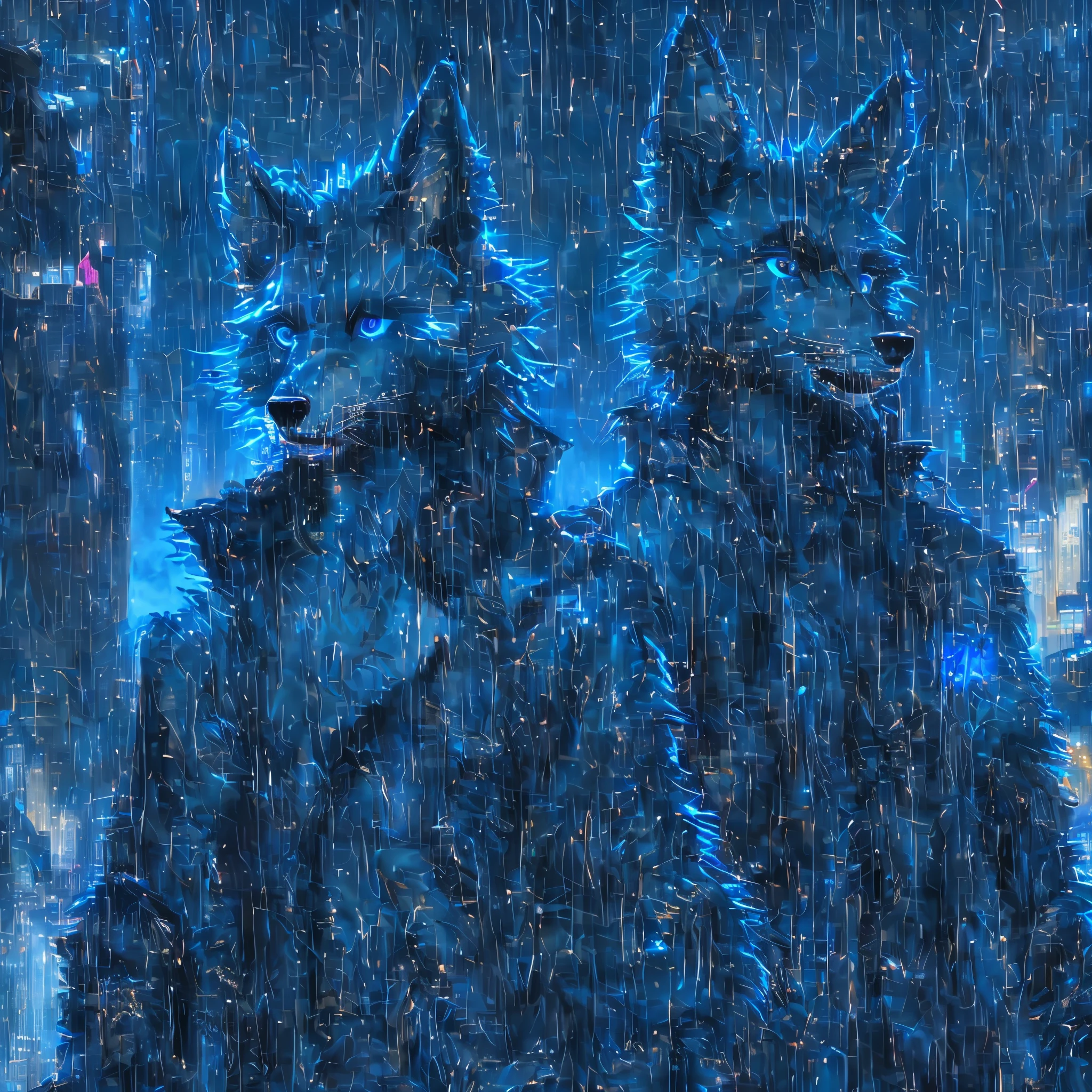 They dress up as two furry animals, award winning beautiful portrait commission of a male furry anthro Blue wolf fursona with a tail and a cute beautiful attractive 详细的 furry face wearing stylish black cyberpunk clothes in a cyberpunk city at night while it rains.